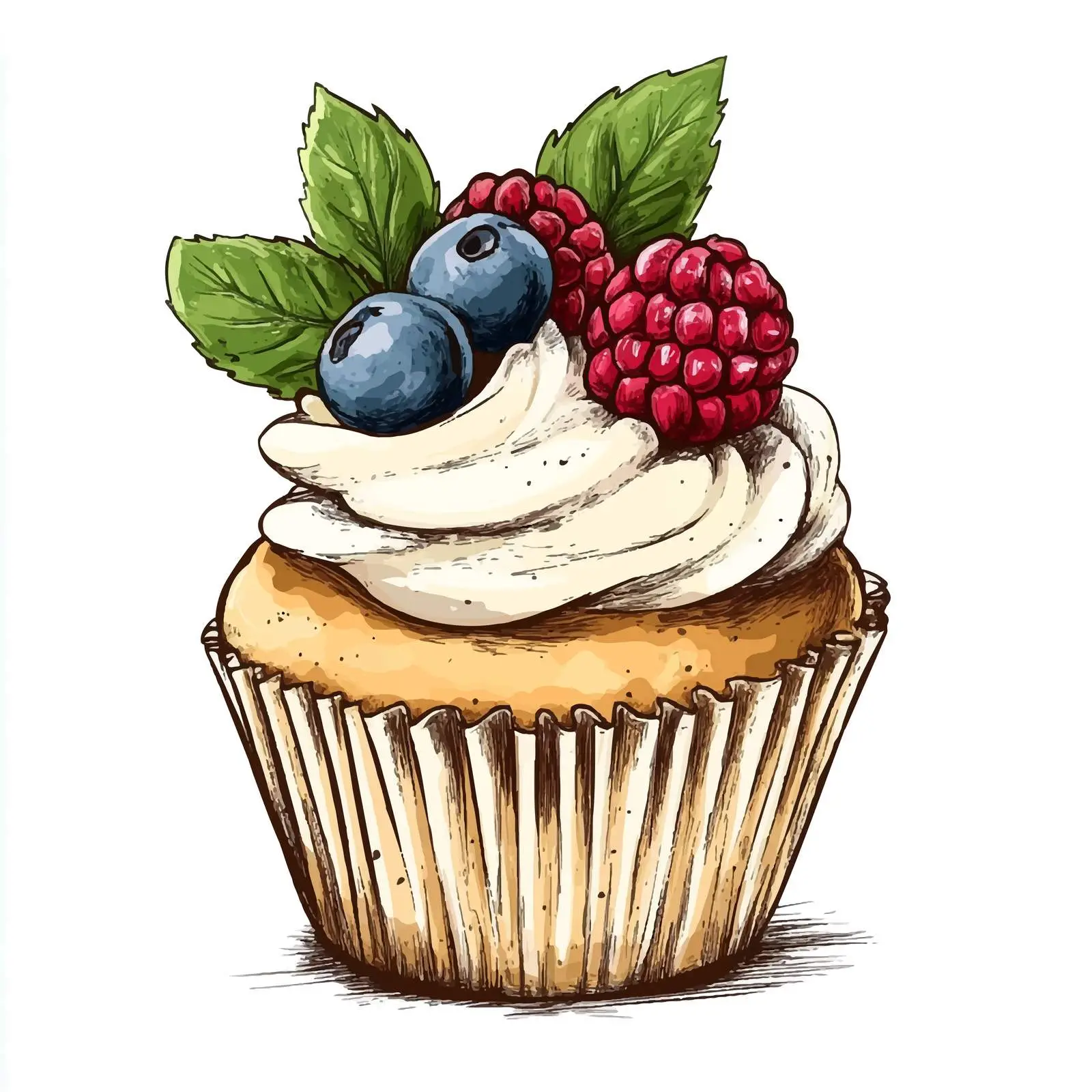 Hand-Drawn Cupcake with Berries and Mint — free download from Dotvec