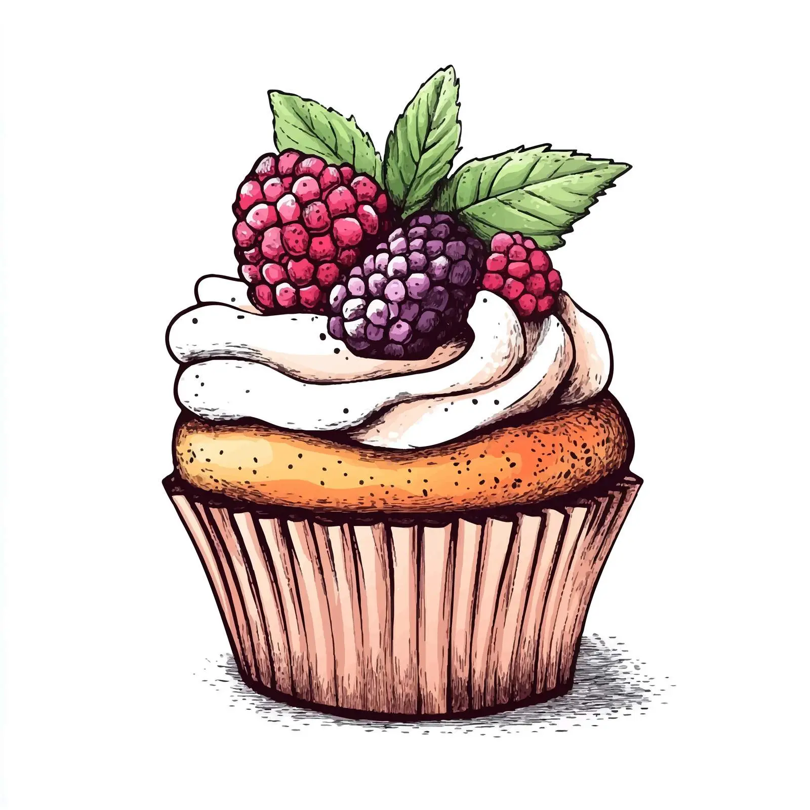 Hand Drawn Cupcake with Berries and Mint — free download from Dotvec