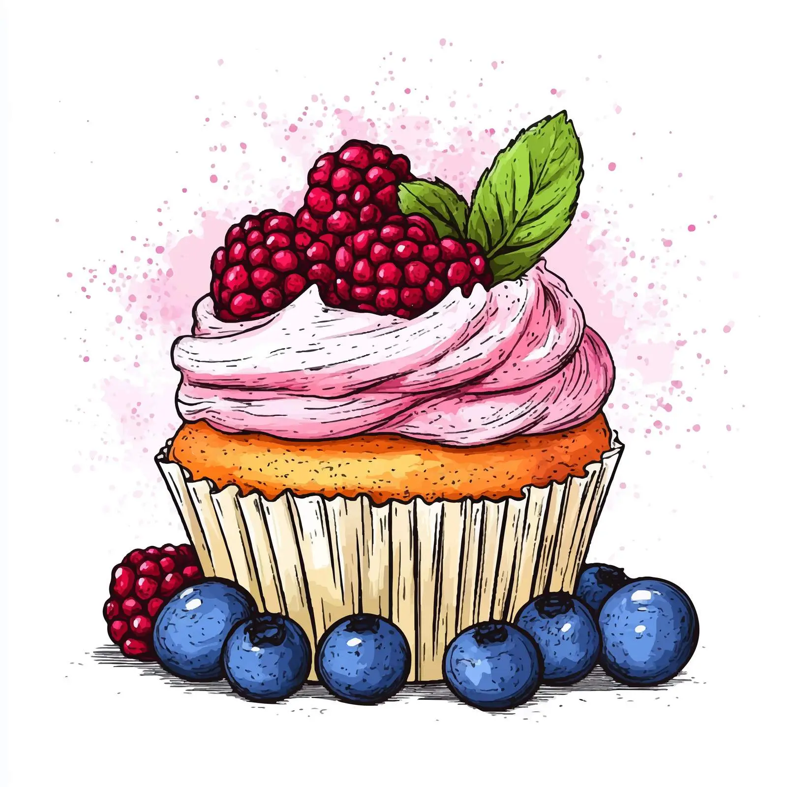 Hand-Drawn Cupcake with Berries and Mint — free download from Dotvec