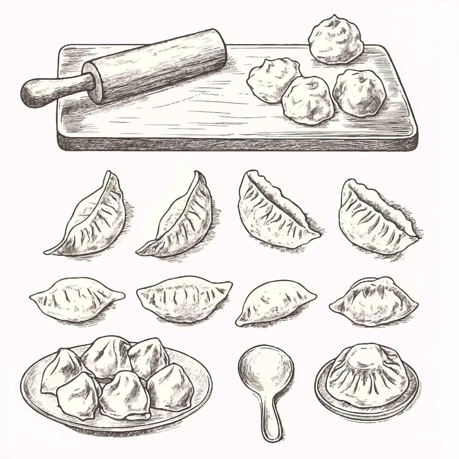 Hand-Drawn Dumpling Sketches in Various Shapes – free dumpling image from Dotvec