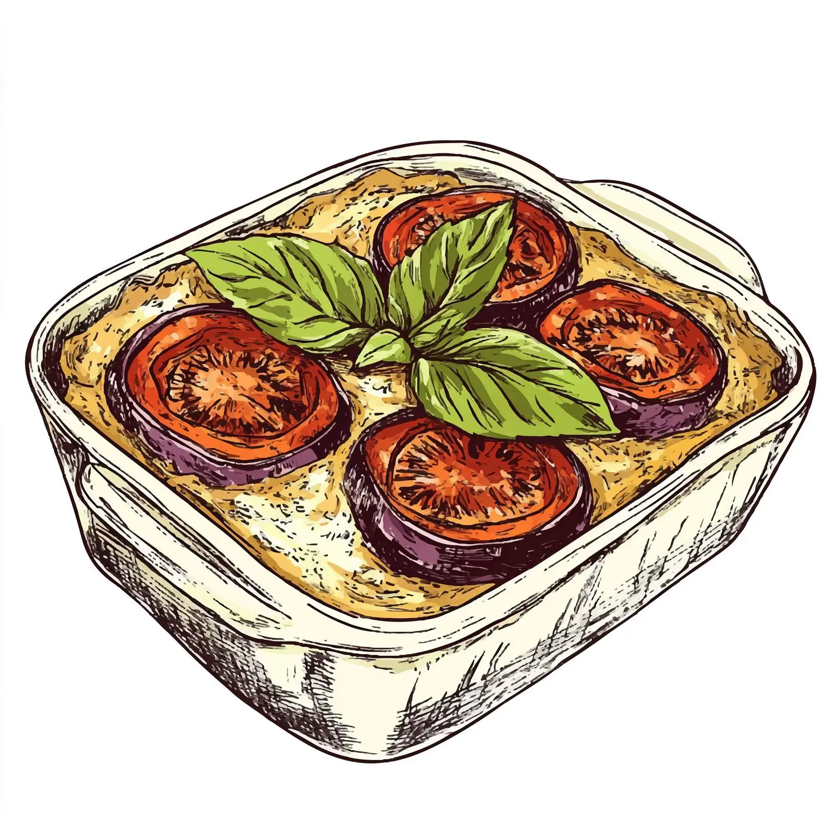 Hand Drawn Eggplant and Tomato Gratin Illustration — free download from Dotvec