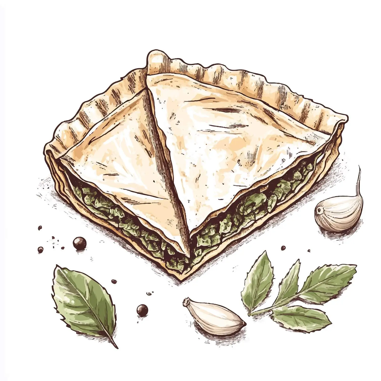 Hand-Drawn Greek Spanakopita and Pastries Sketch — free download from Dotvec