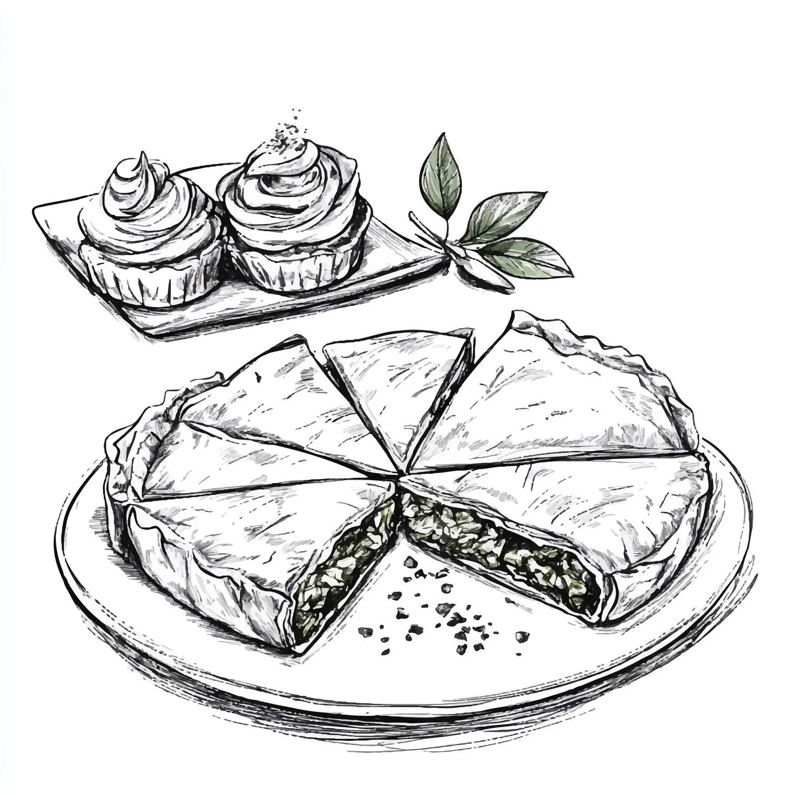 Hand-Drawn Spanakopita and Pastry Sketch — free download from Dotvec