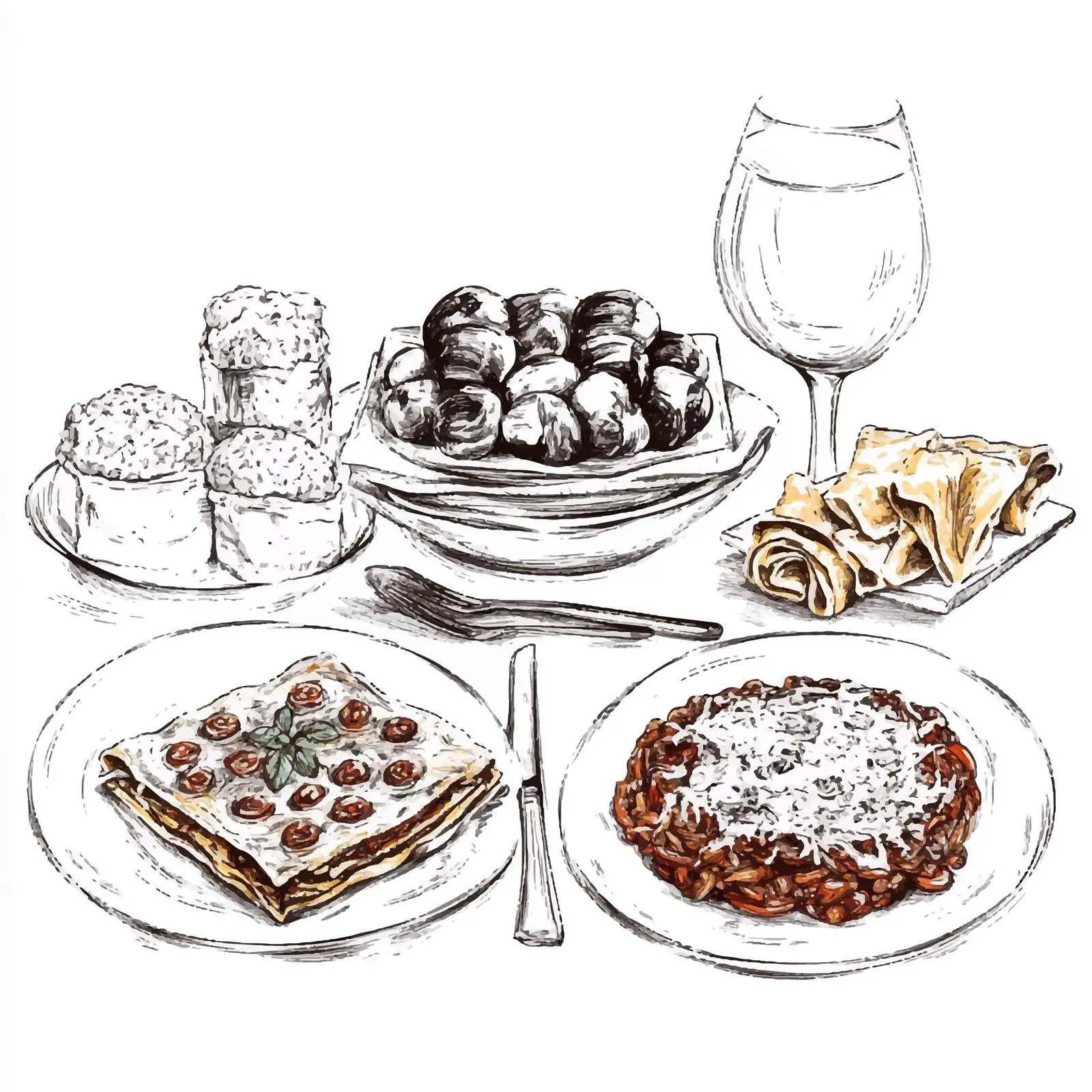 Hand-Drawn Italian Cuisine Sketch: Carpaccio & Tagliatelle – free gourmet meal image from Dotvec