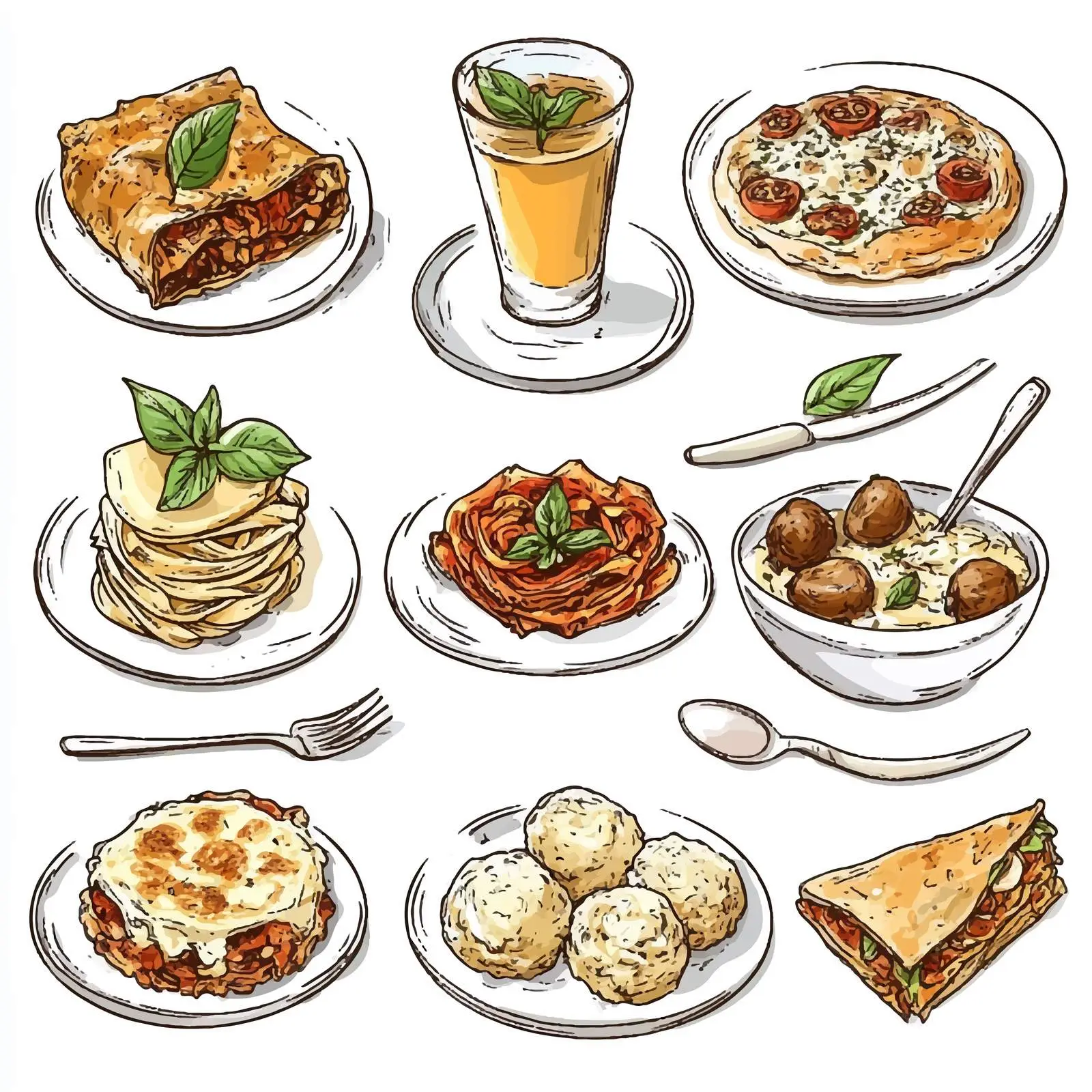 Hand-Drawn Italian Cuisine Sketch: Carpaccio & Tagliatelle — free download from Dotvec