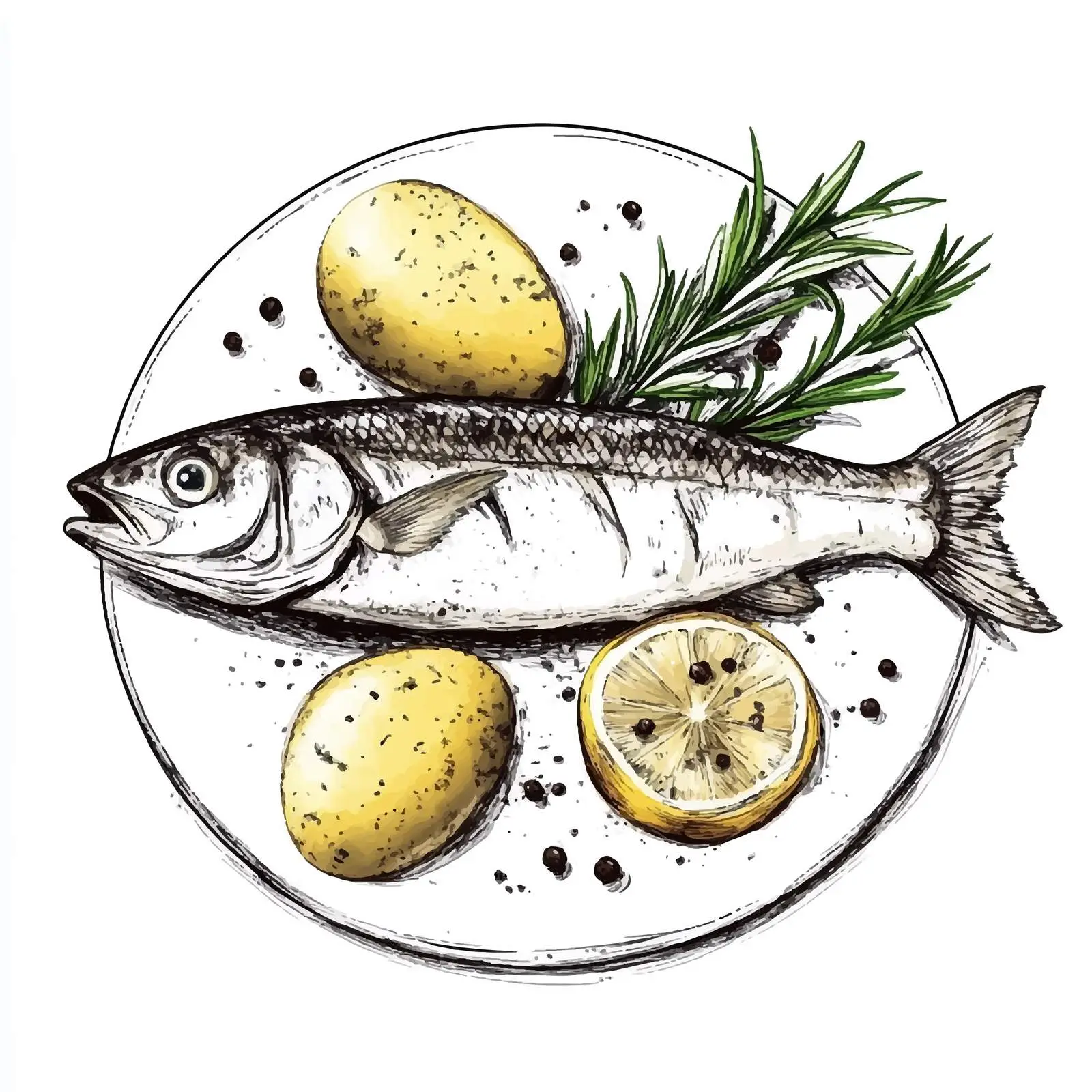 Hand-Drawn Smoked Herring and Potato Illustration – free herring image from Dotvec