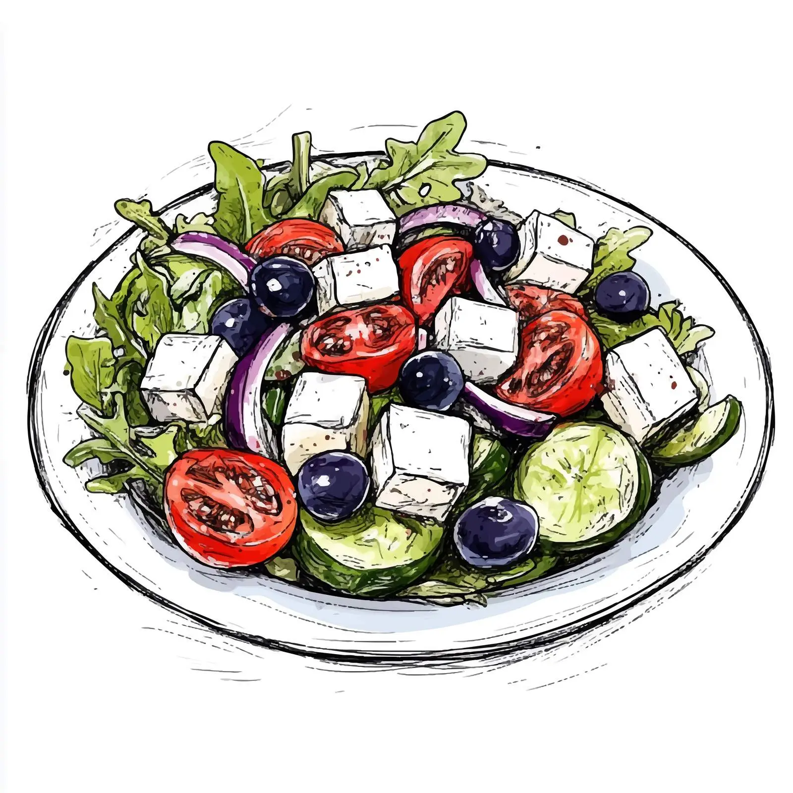 Traditional Greek Horiatiki Salad Hand-Drawn Sketch — free download from Dotvec