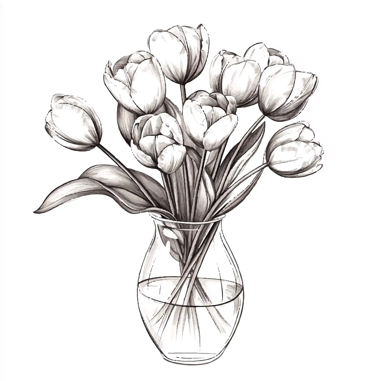 Hand-Drawn Tulips Bouquet in Glass Vase — free download from Dotvec