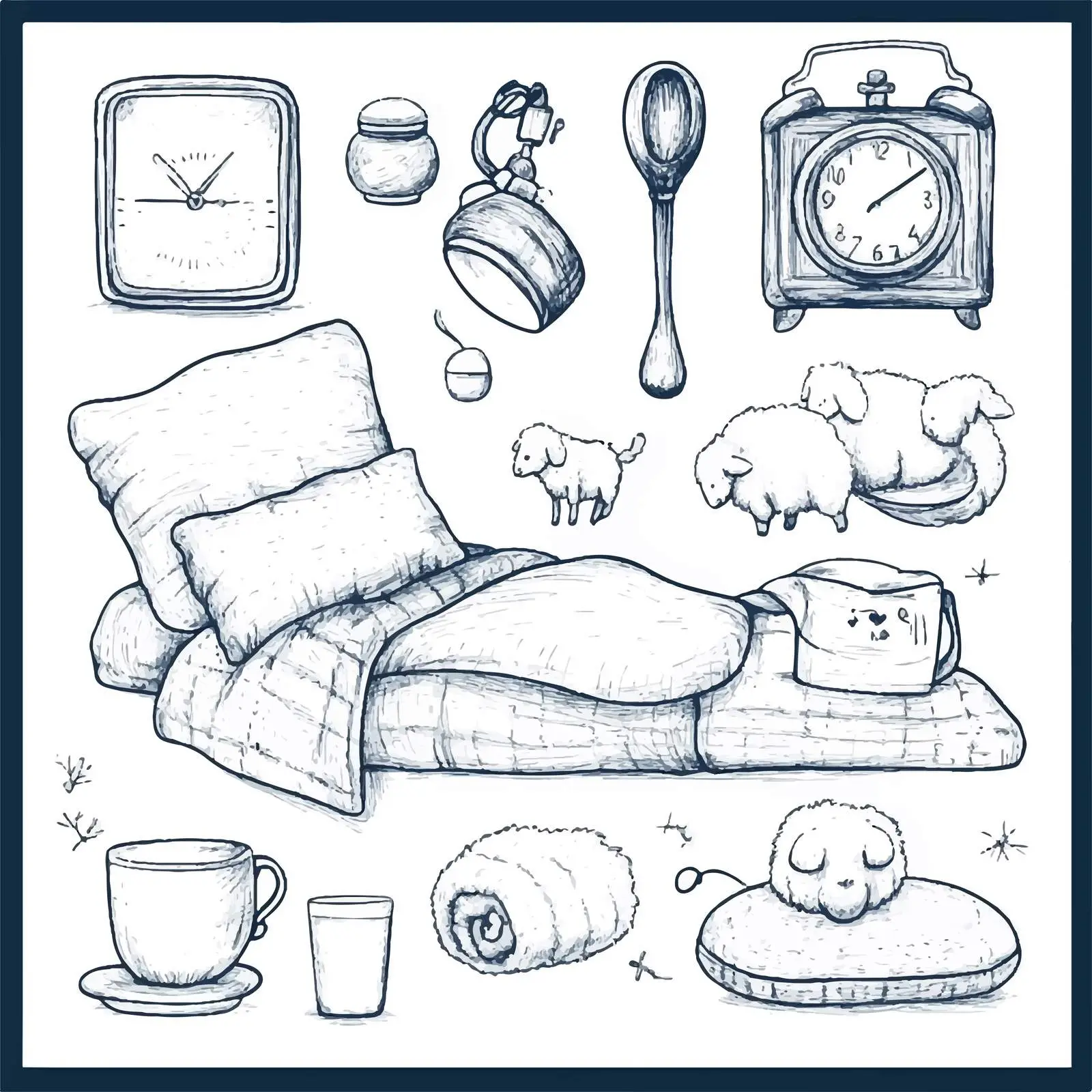 Hand-Drawn Bedtime Attributes with Pillows and Alarm Clock — free download from Dotvec