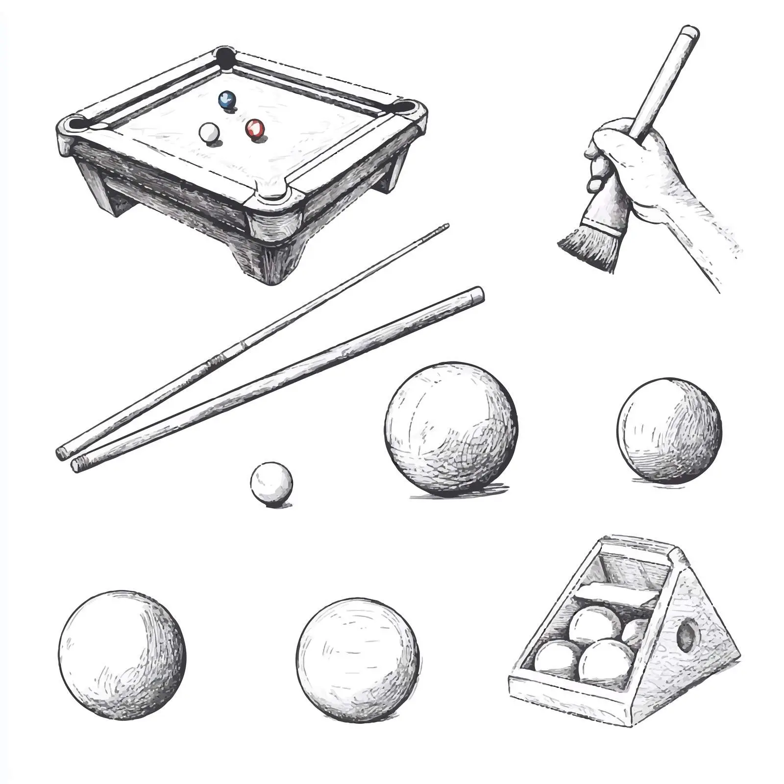 Hand-Drawn Billiards and Pool Items Sketch Set – free pool table image from Dotvec
