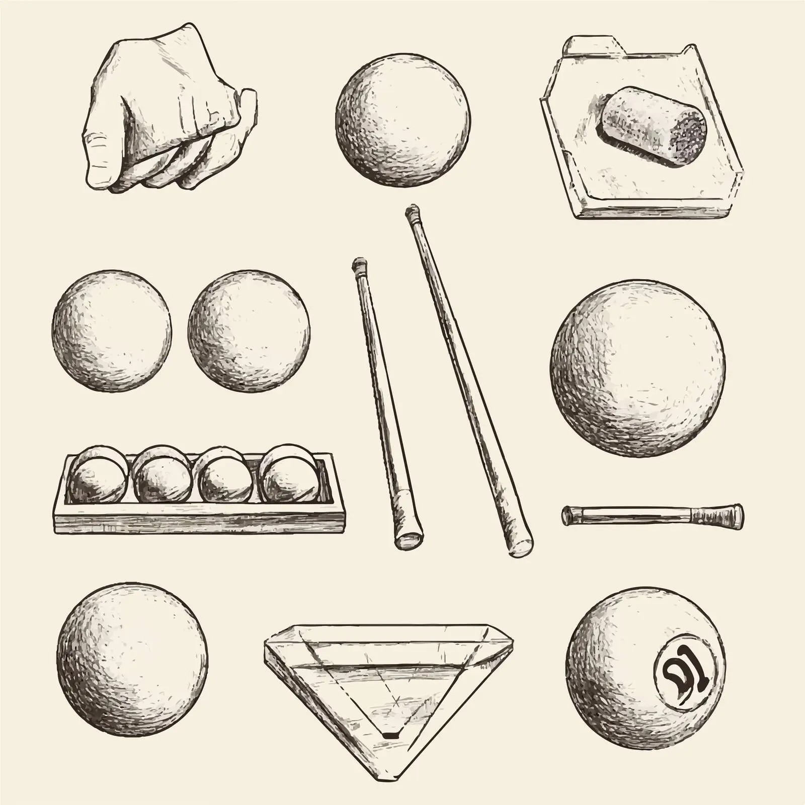 Hand-Drawn Billiards and Pool Item Sketches — free download from Dotvec