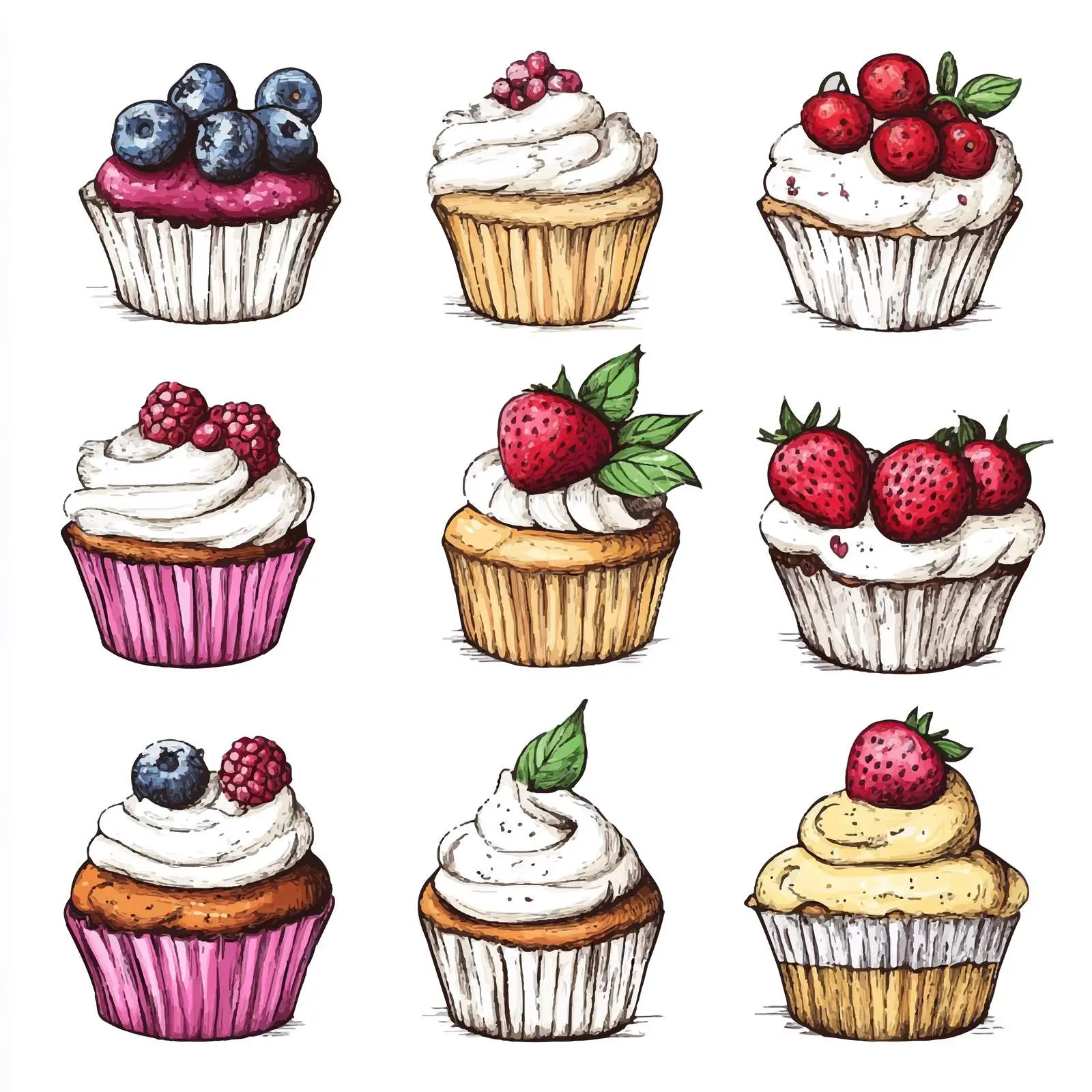 Hand-Drawn Cupcake Sketches with Berries — free download from Dotvec