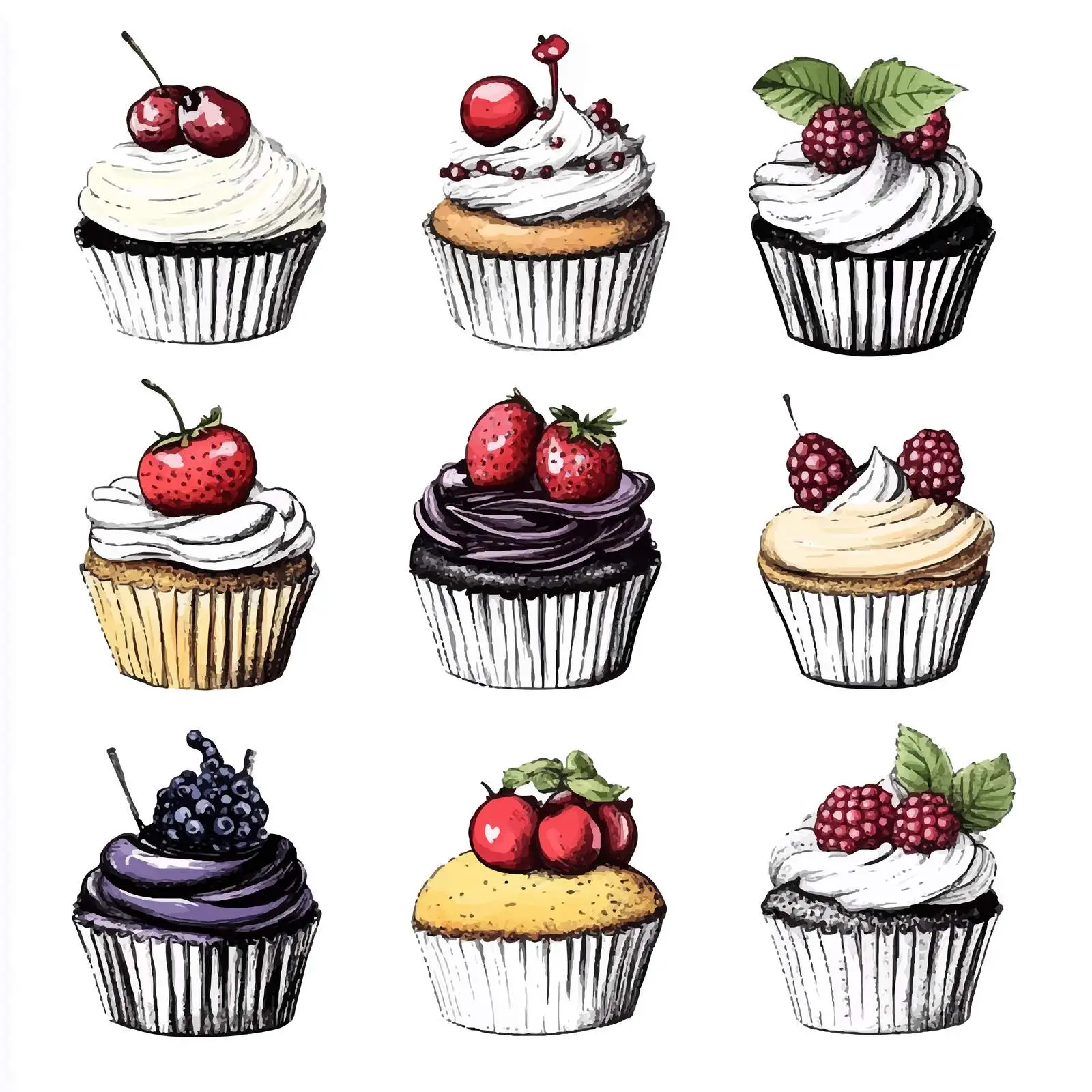 Hand-Drawn Cupcake Sketches with Berries – free whipped image from Dotvec