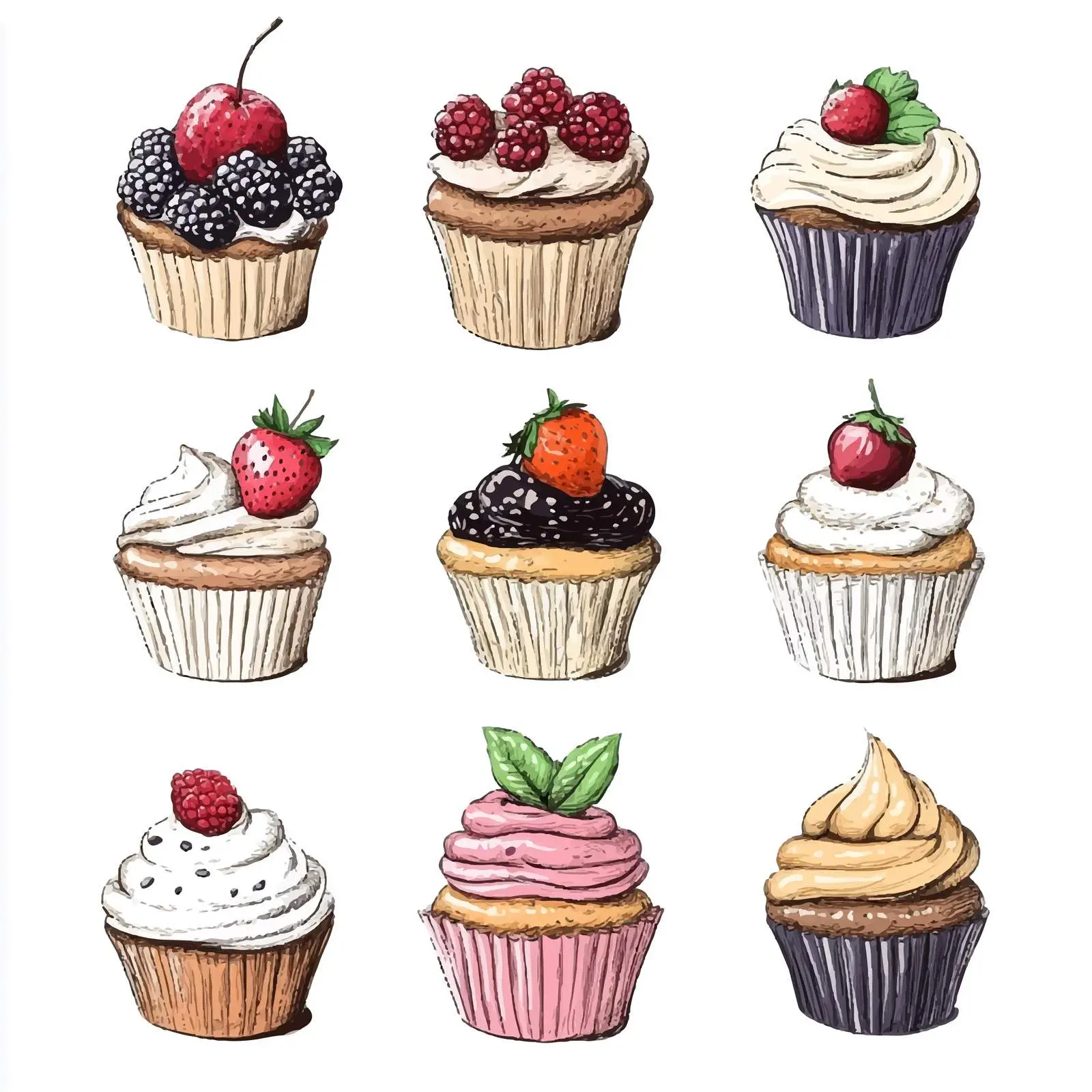 Hand-Drawn Cupcakes with Berries and Fruits — free download from Dotvec