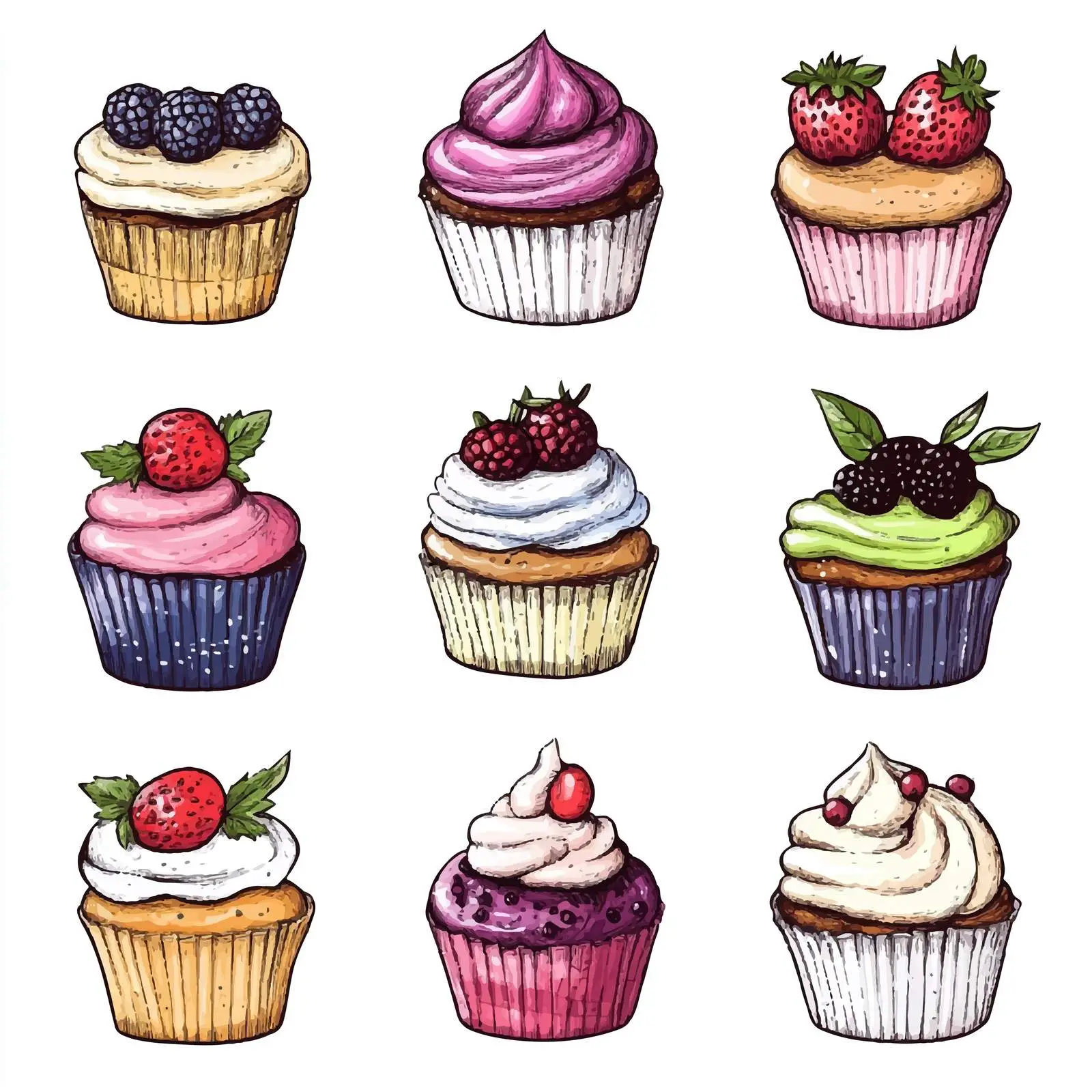 Hand-Drawn Cupcake Sketches with Berries — free download from Dotvec