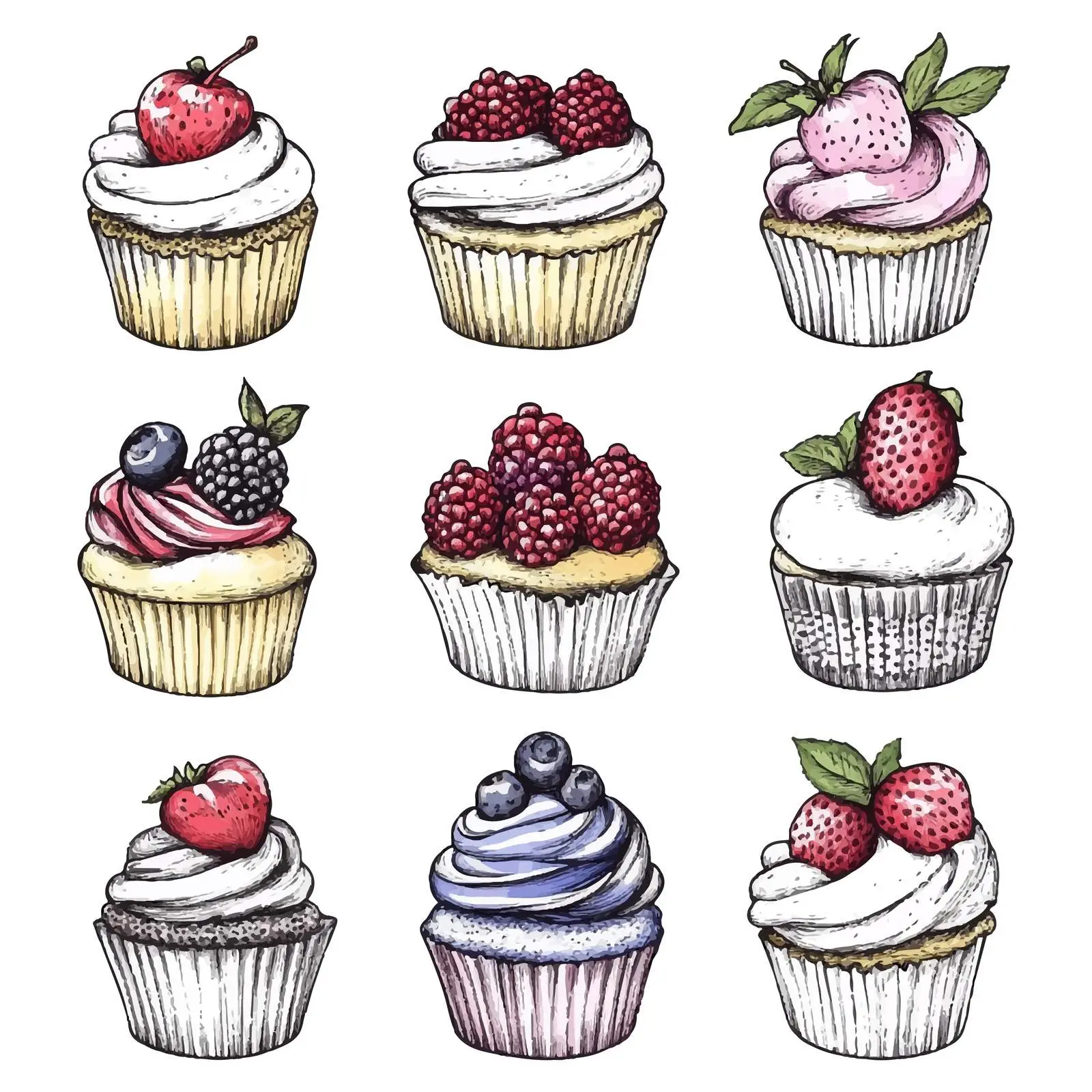 Hand-Drawn Cupcake Sketches with Berries and Fruits — free download from Dotvec