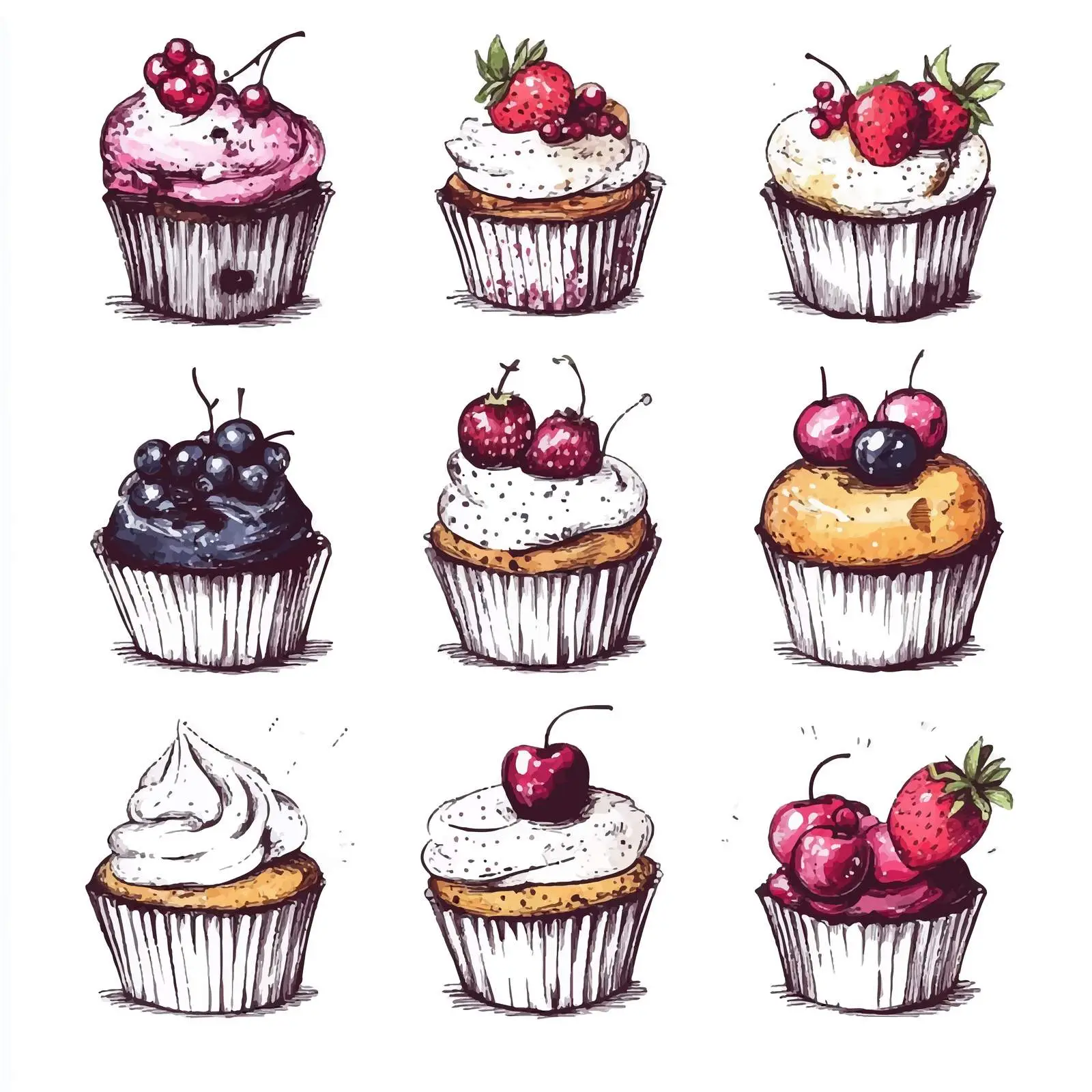 Hand-Drawn Cupcakes with Berries and Fruits — free download from Dotvec