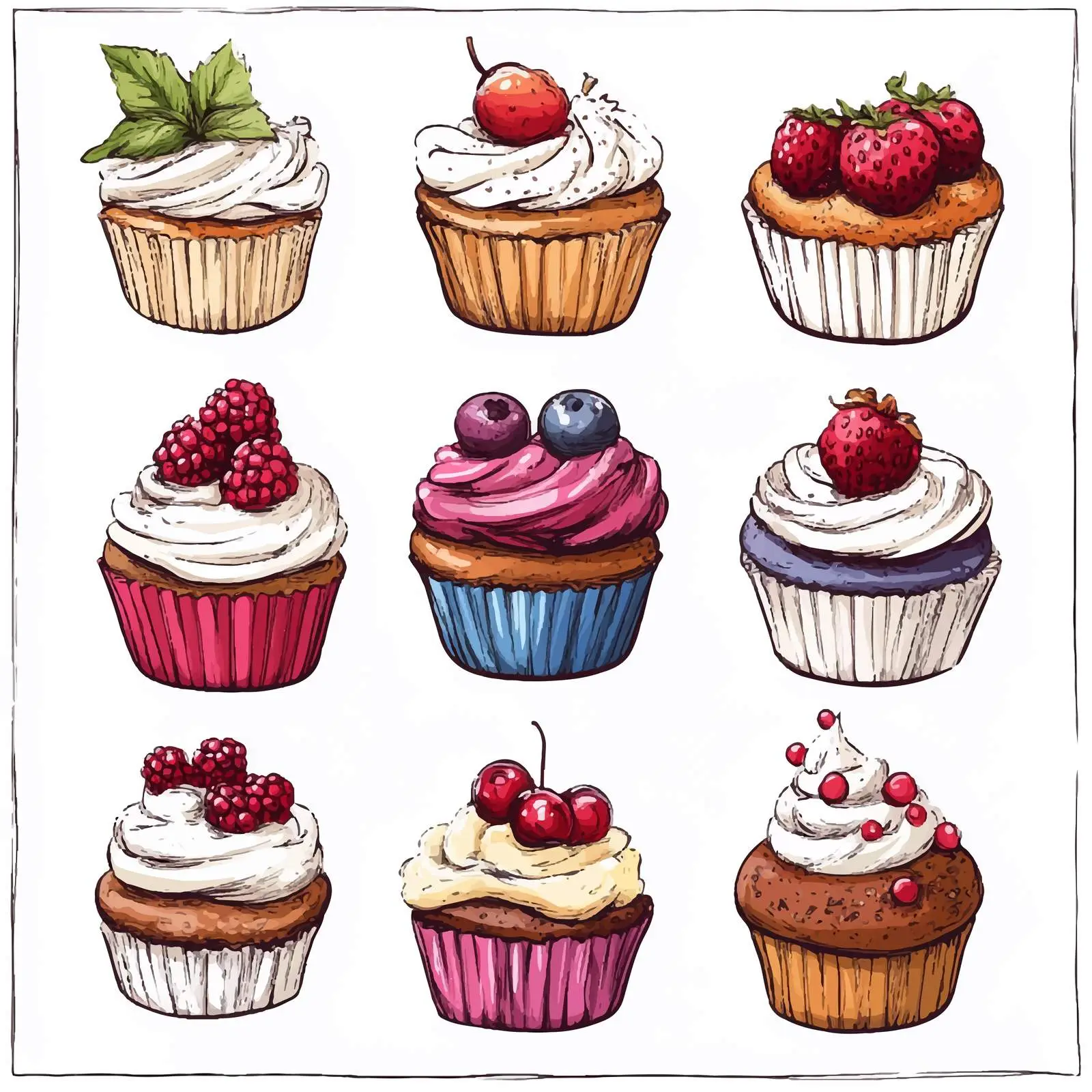 Hand-Drawn Cupcakes with Berries and Fruits – free creative desserts image from Dotvec