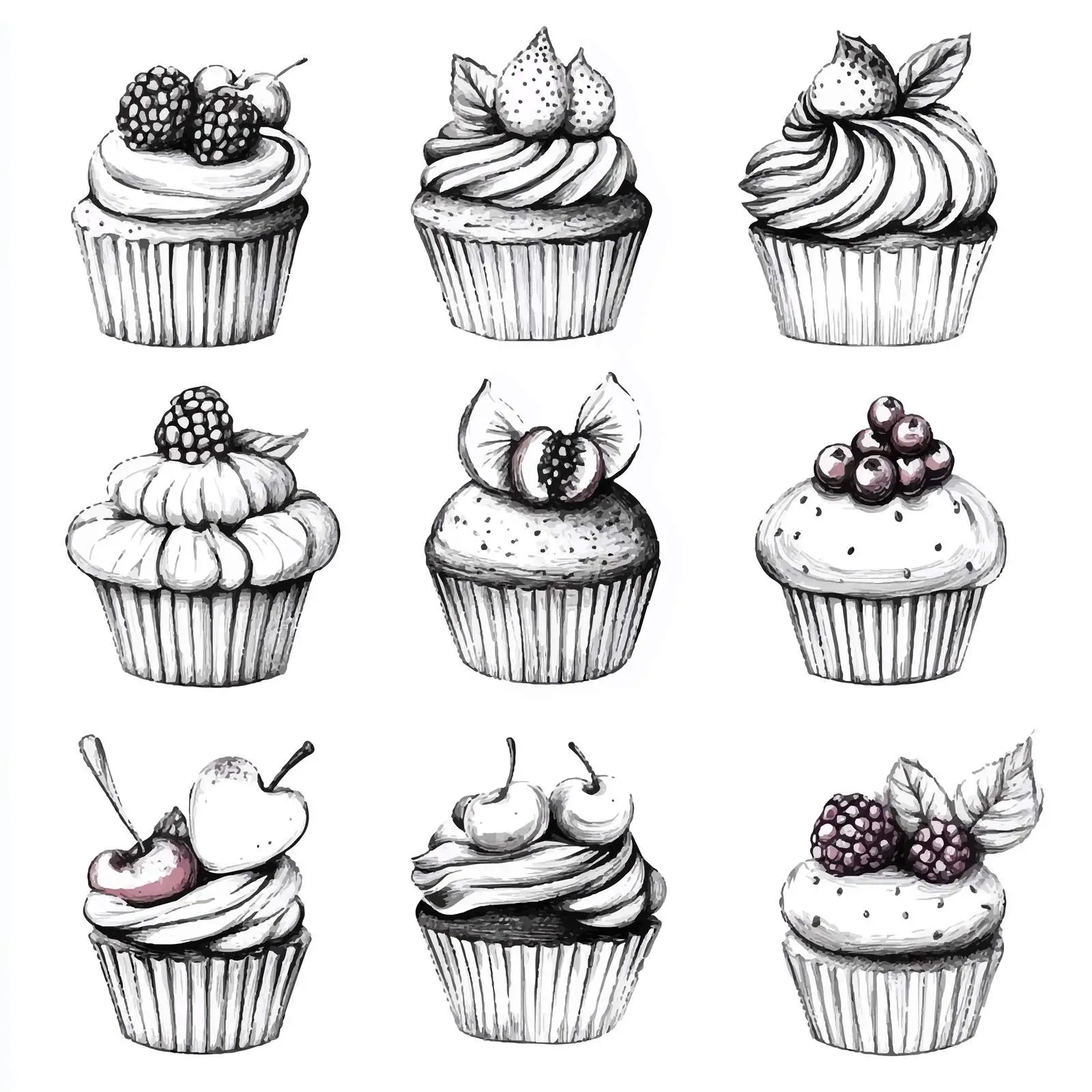 Hand-Drawn Cupcake Sketches with Berries and Fruits – free baked good image from Dotvec