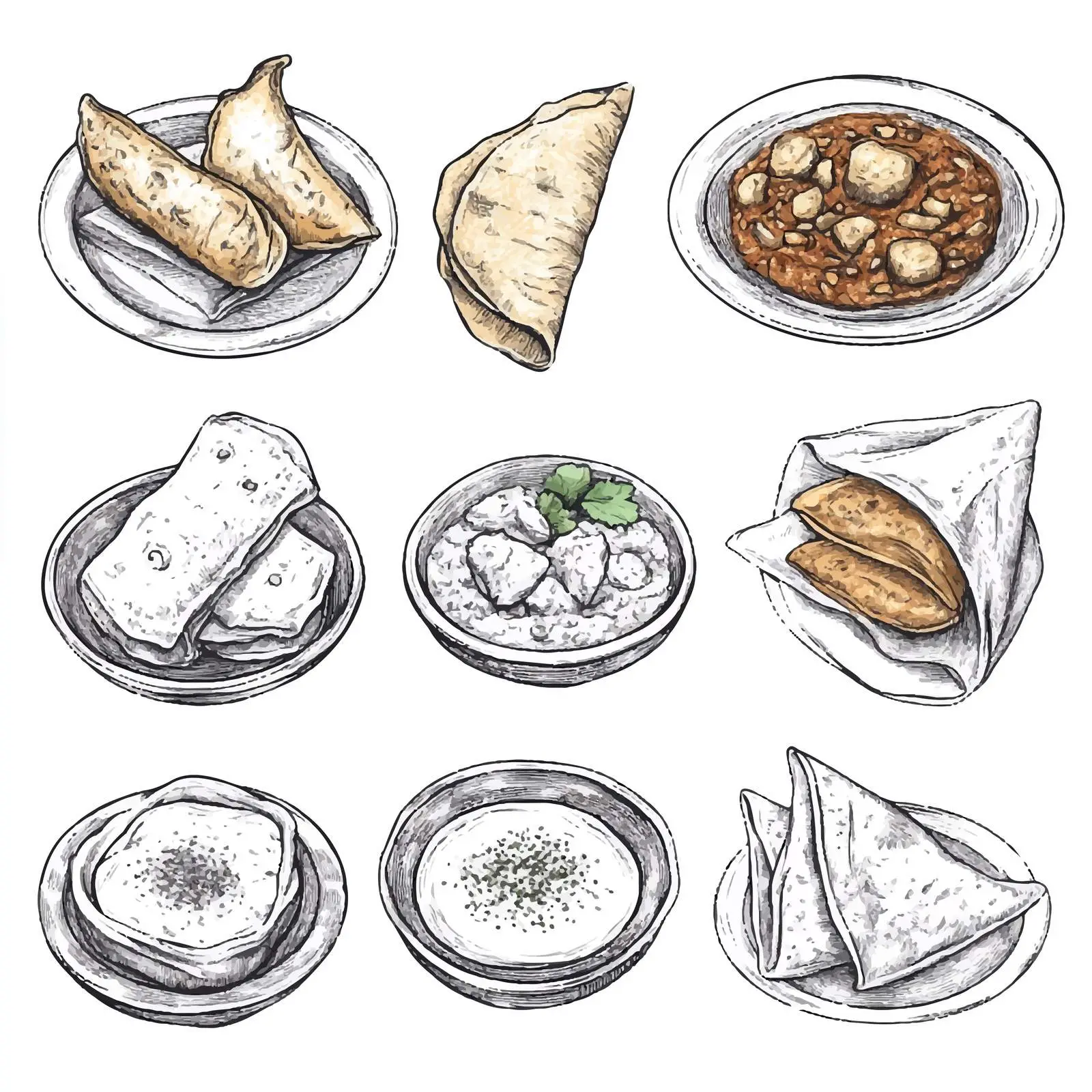 Hand-Drawn Indian Cuisine Tortillas Vector Set — free download from Dotvec
