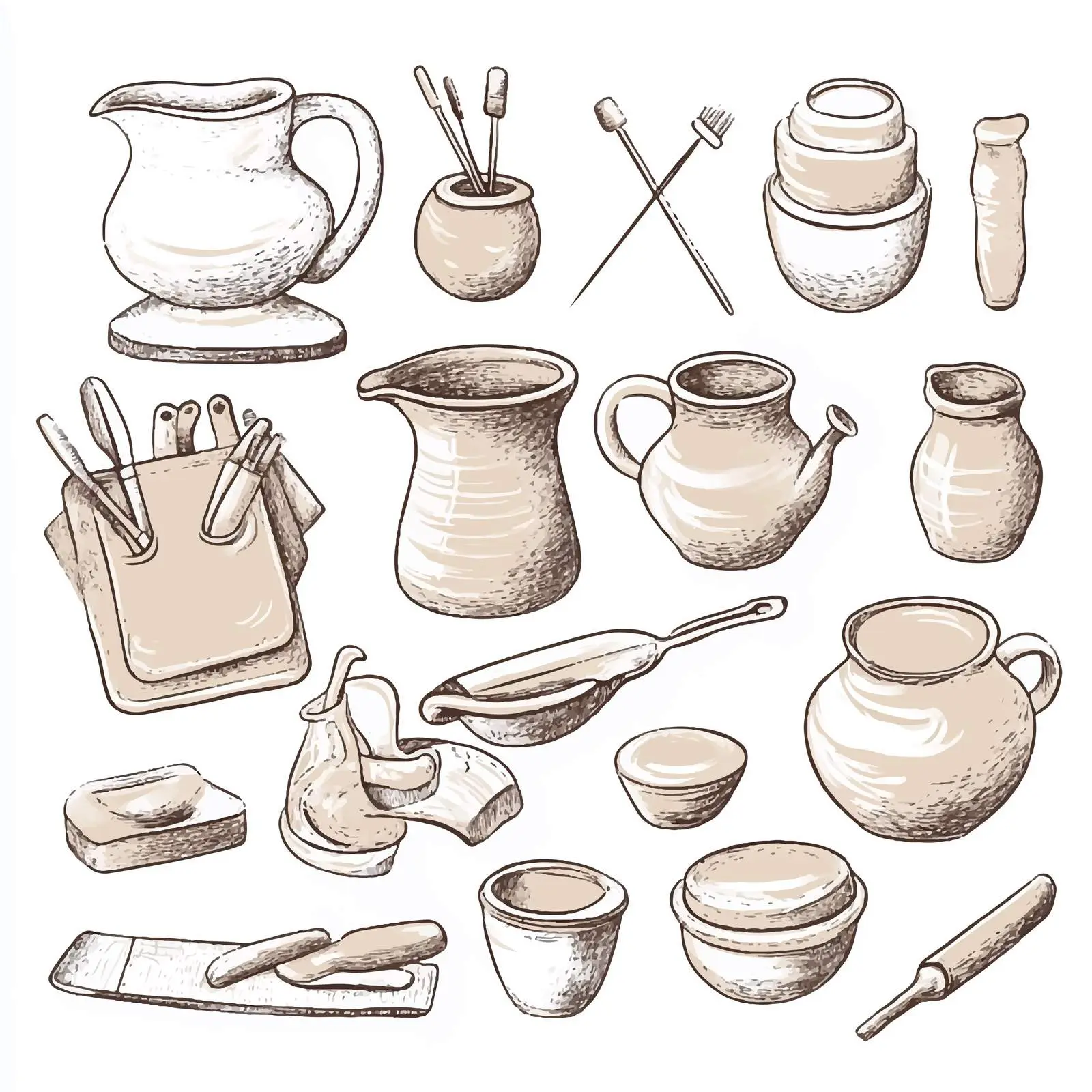 Hand-Drawn Pottery Ceramics Tools and Jug Set — free download from Dotvec