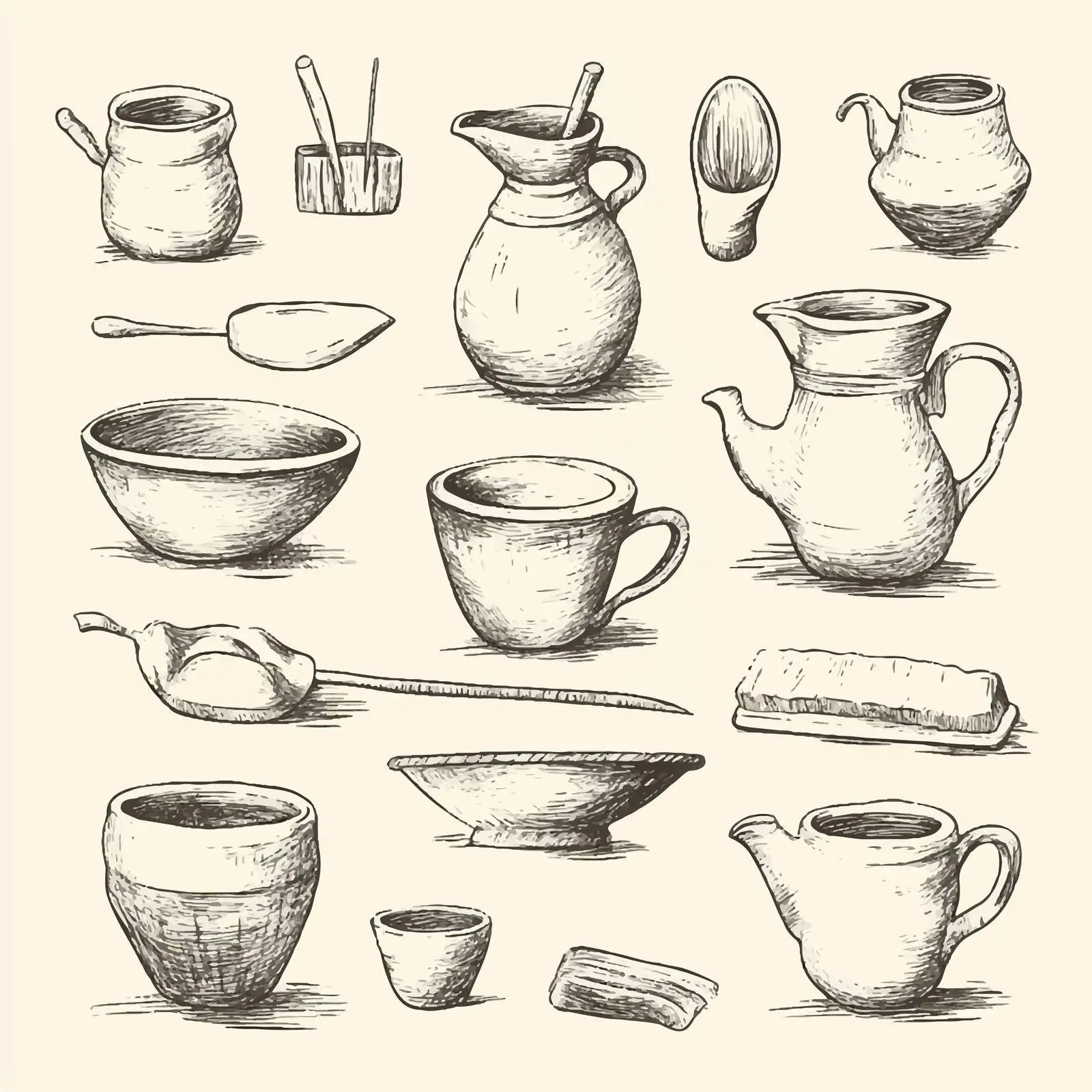 Hand Drawn Pottery Tools and Jug Sketches — free download from Dotvec