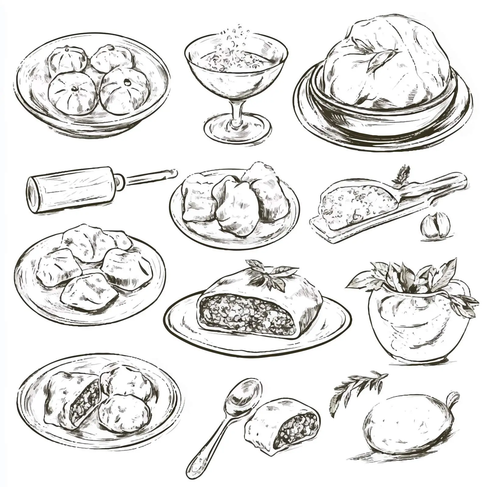 Hand-Drawn Russian Cuisine Sketches with Dumplings – free culinary traditions image from Dotvec