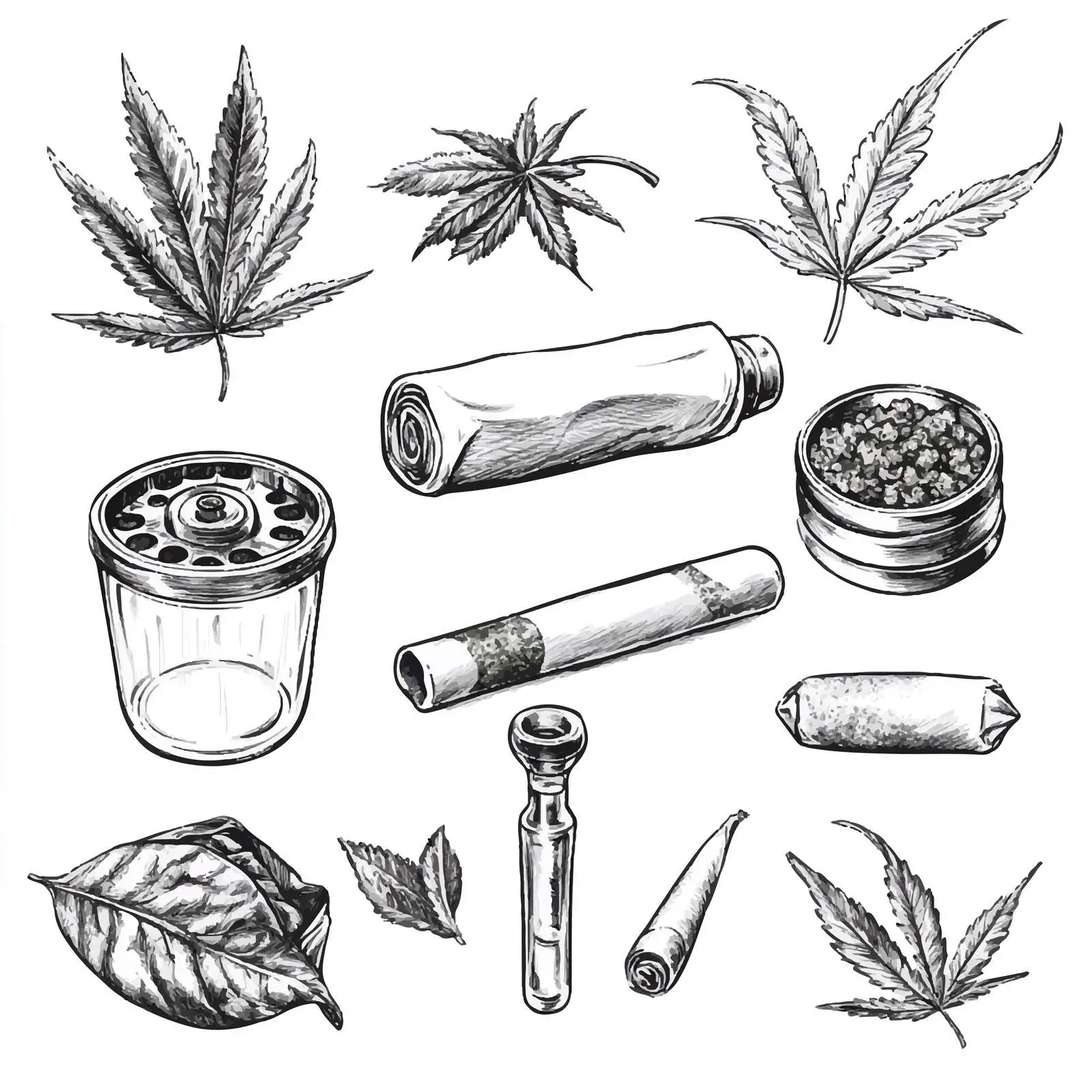 Hand Drawn Weed Smoking Tools Collection — free download from Dotvec