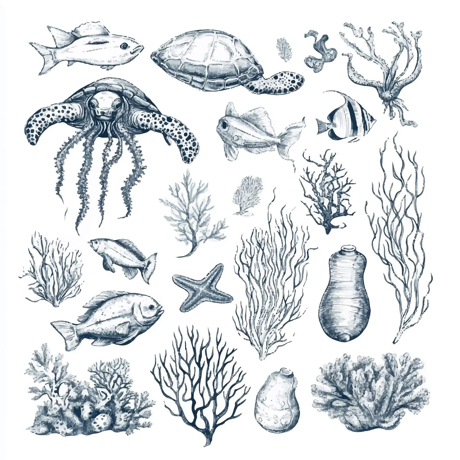 Hand Drawn Underwater World Elements Sketch Set — free download from Dotvec