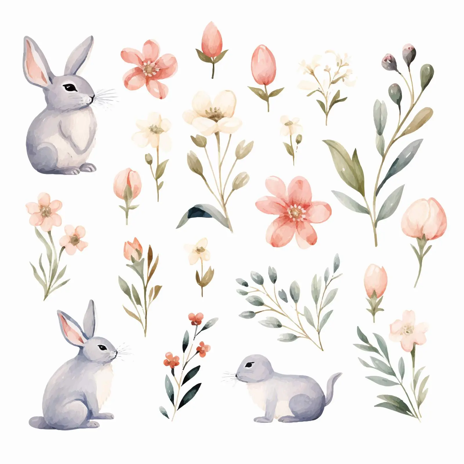 Hand-Drawn Watercolor Bunny Silhouettes with Flowers — free download from Dotvec