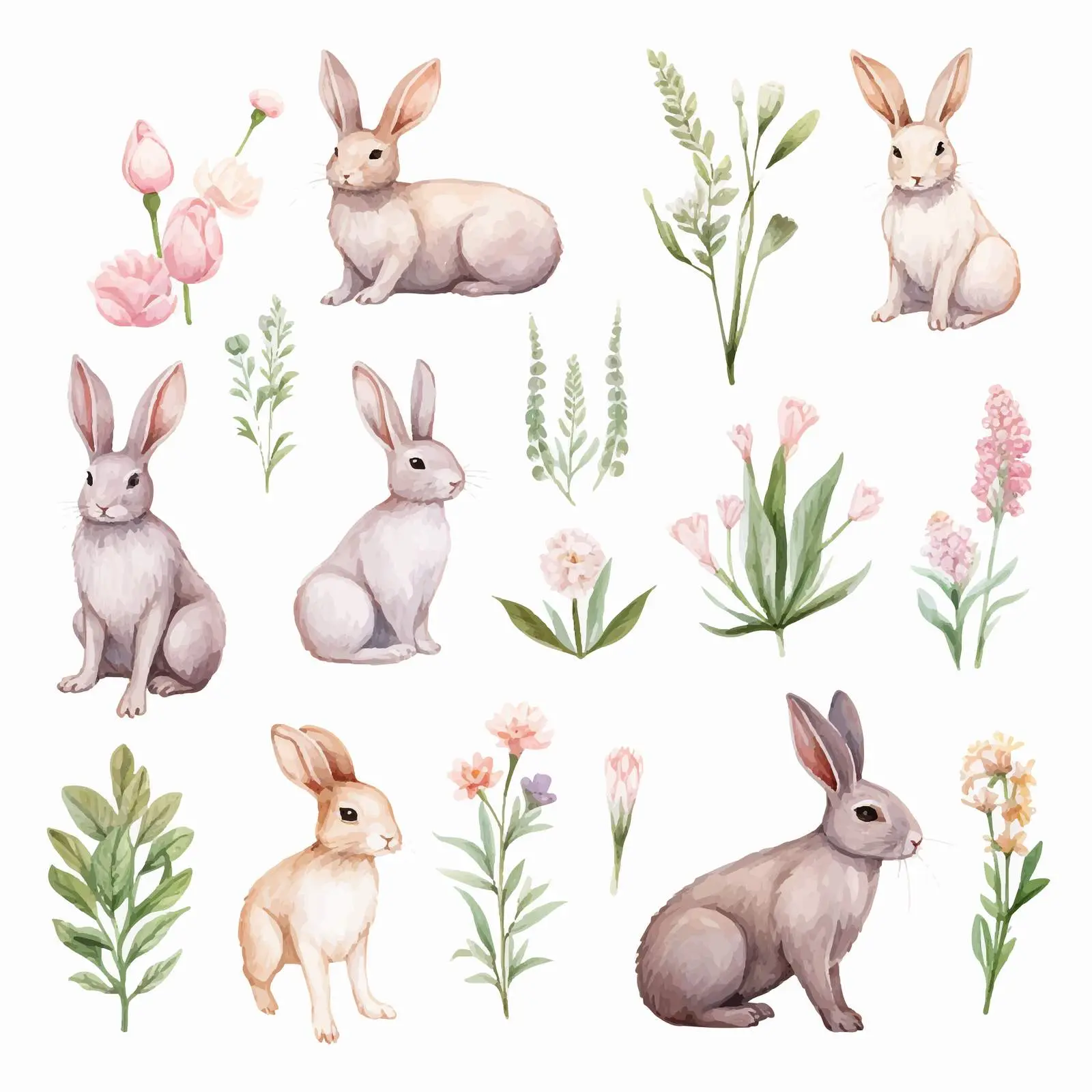 Watercolor Bunny Silhouettes with Flowers — free download from Dotvec