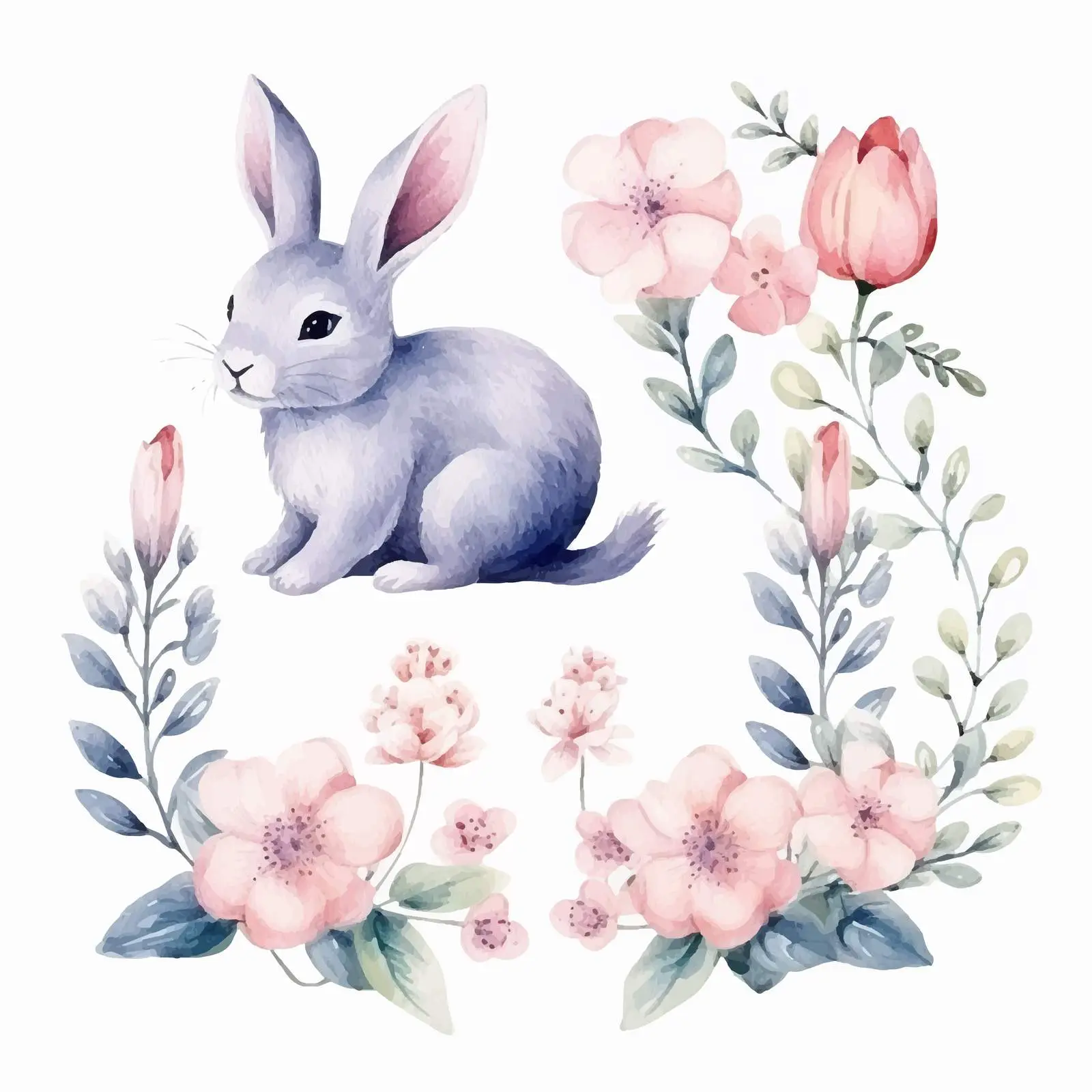 Hand-Drawn Watercolor Bunny Silhouettes with Flowers — free download from Dotvec