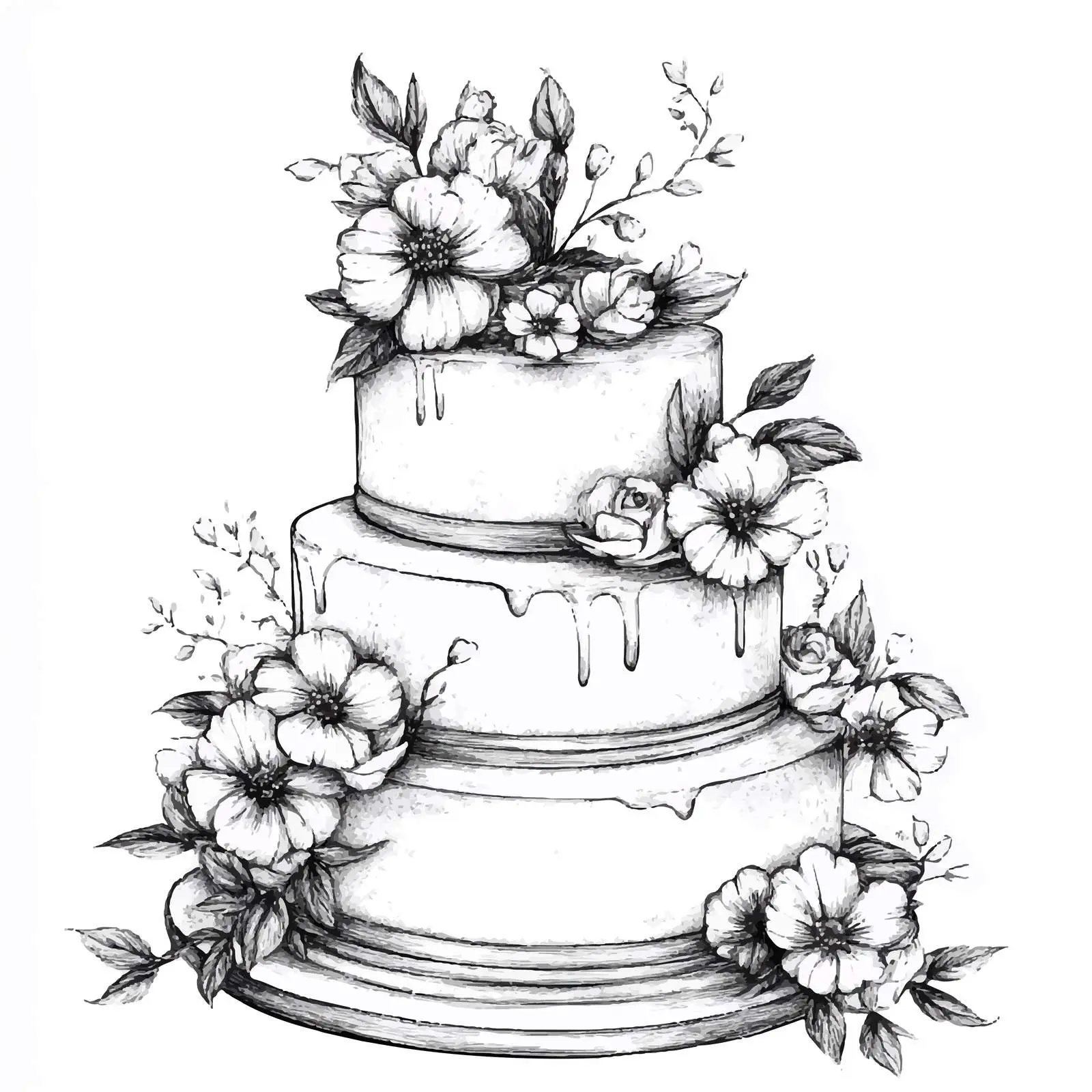 Floral Decorated Hand Drawn Wedding Cake Sketch — free download from Dotvec