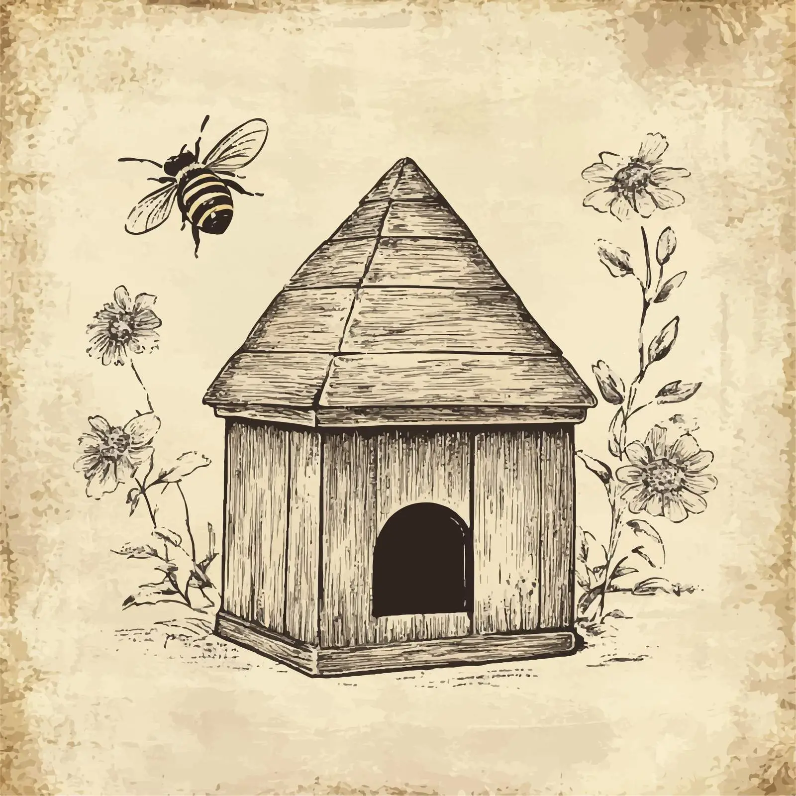 Hand-Drawn Wooden Hive Sketch on Vintage Paper — free download from Dotvec