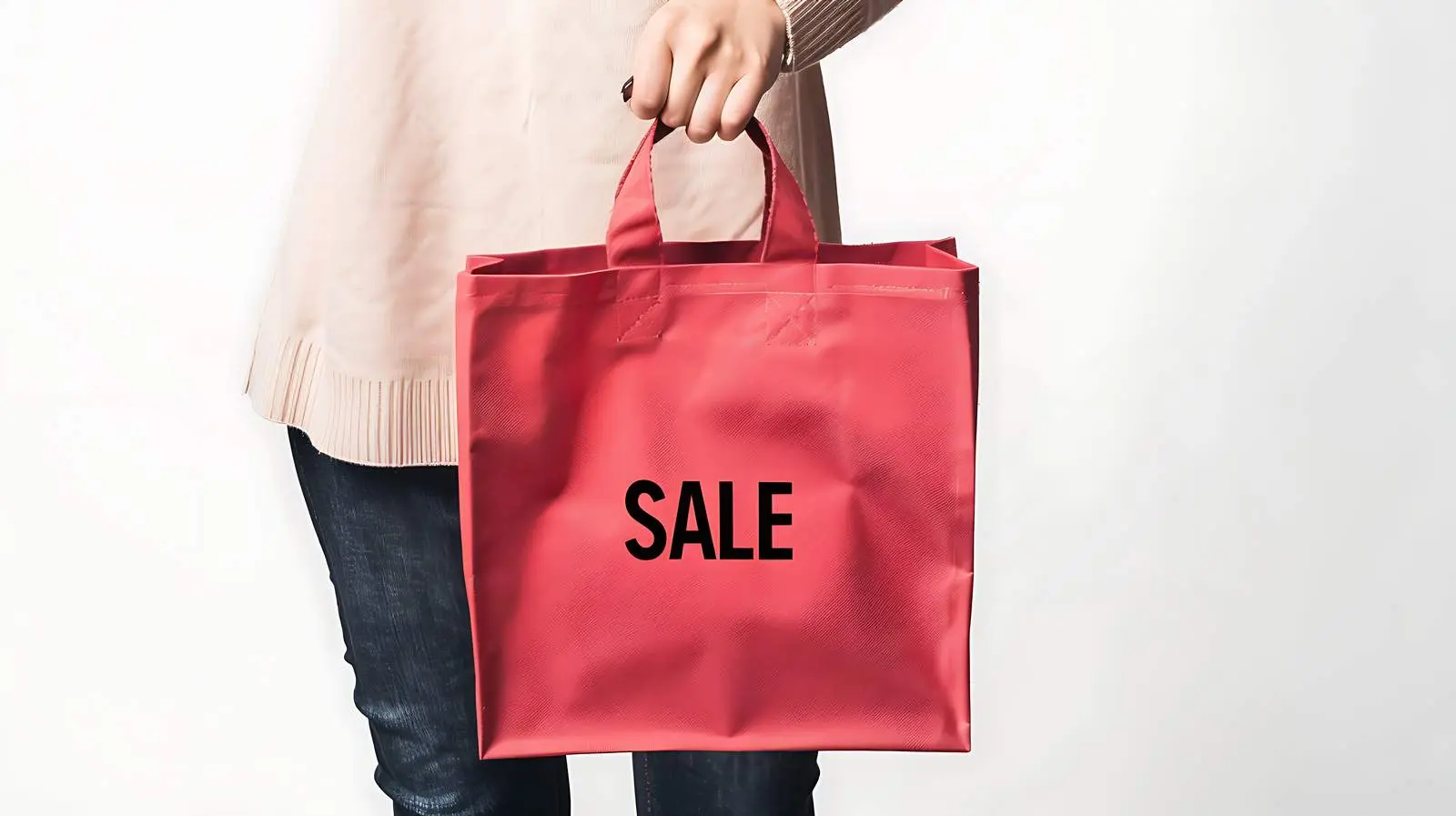 Hand Holding Red Craft Shopping Bag Sale Sign – free gift bag image from Dotvec