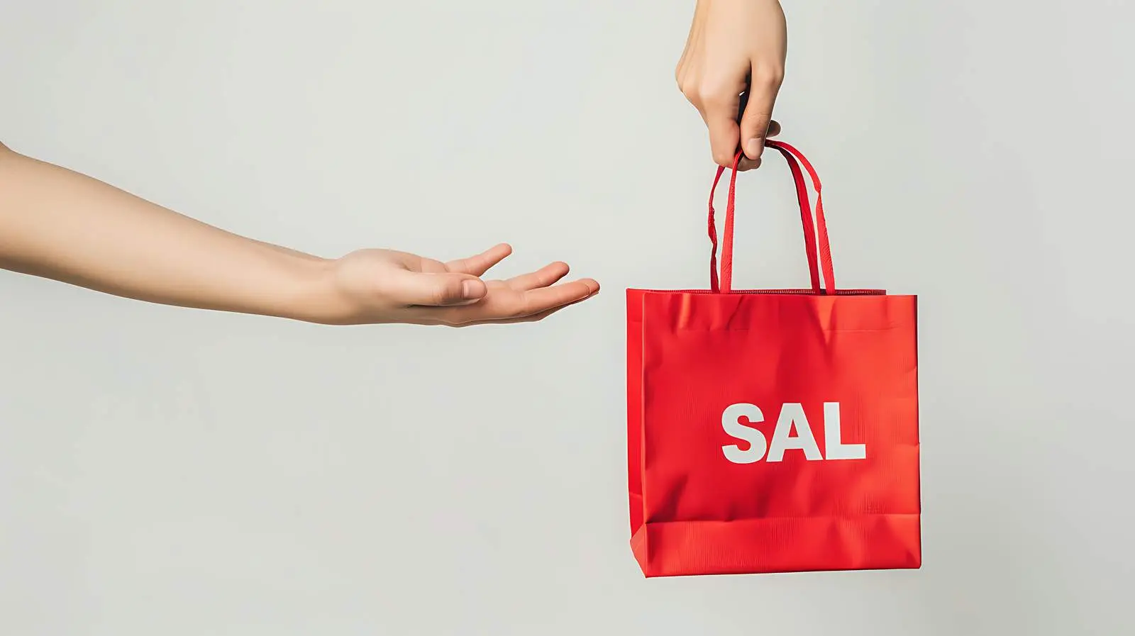 Hand Holding Red Craft Shopping Bag with Sale Sign – free gift bag image from Dotvec