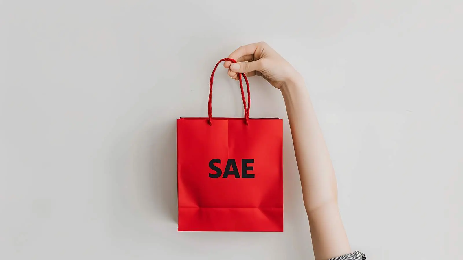 Hand Holding Red Craft Shopping Bag with Sale Sign — free download from Dotvec
