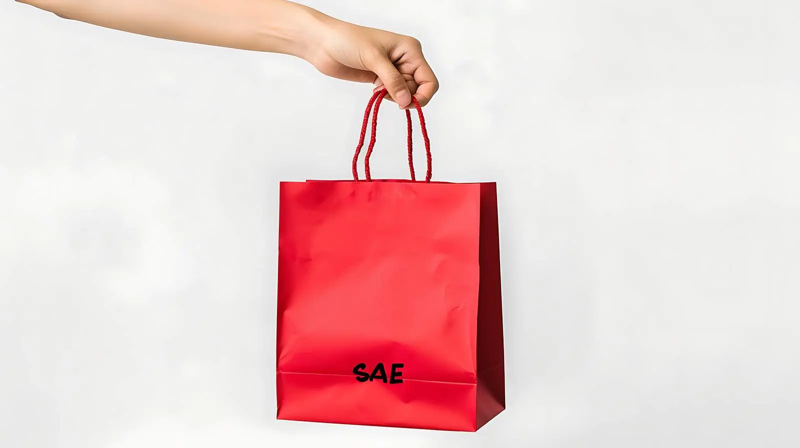 Hand Holding Red Craft Shopping Bag with Sale Sign – free gift bag image from Dotvec