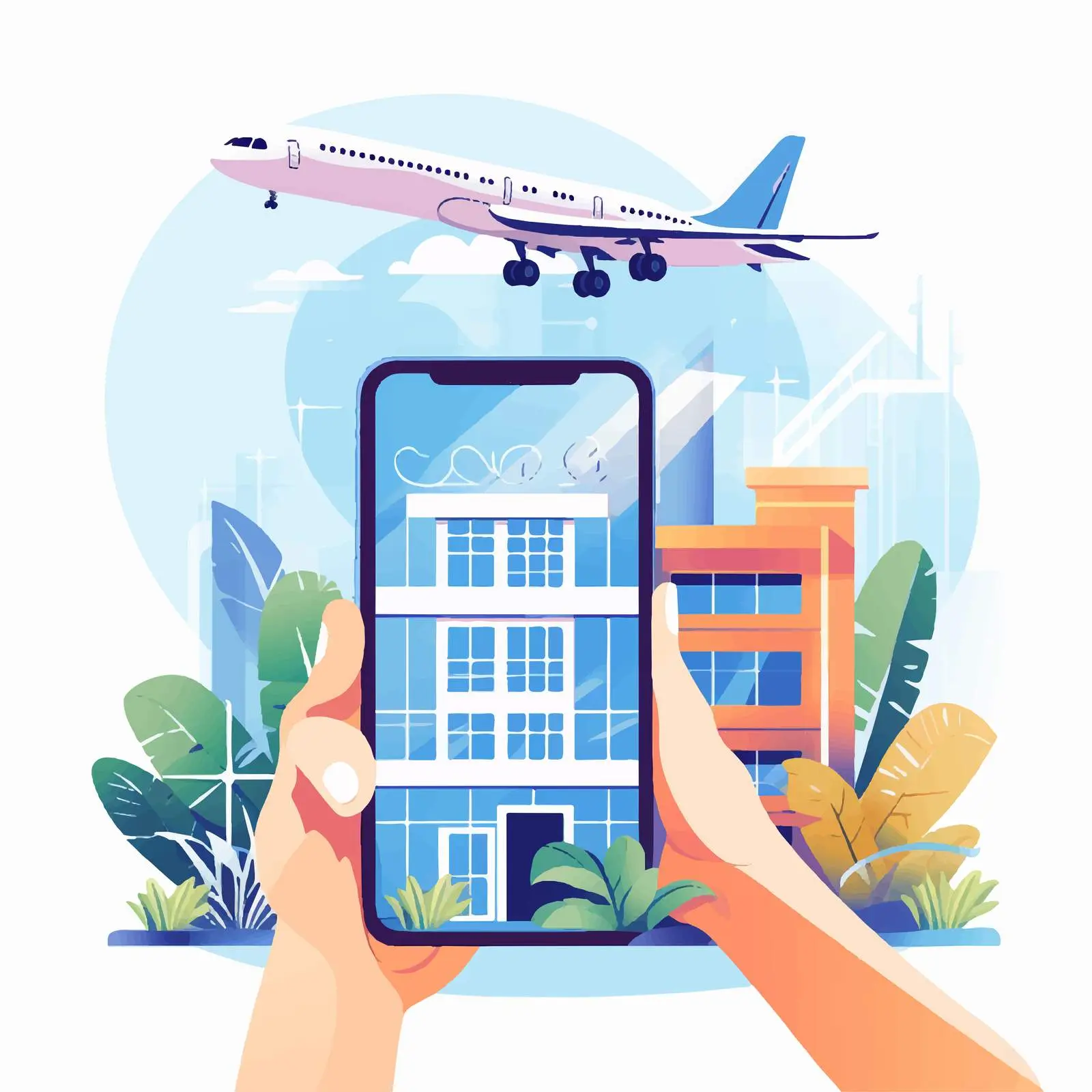 Smartphone Against Hotel with Flying Plane — free download from Dotvec