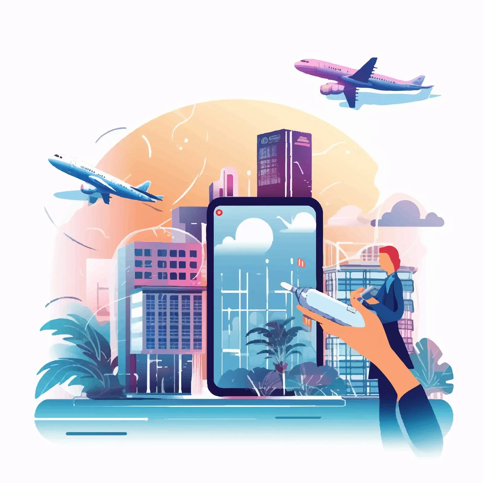 Hand Holding Smartphone Near Hotel and Airplane — free download from Dotvec