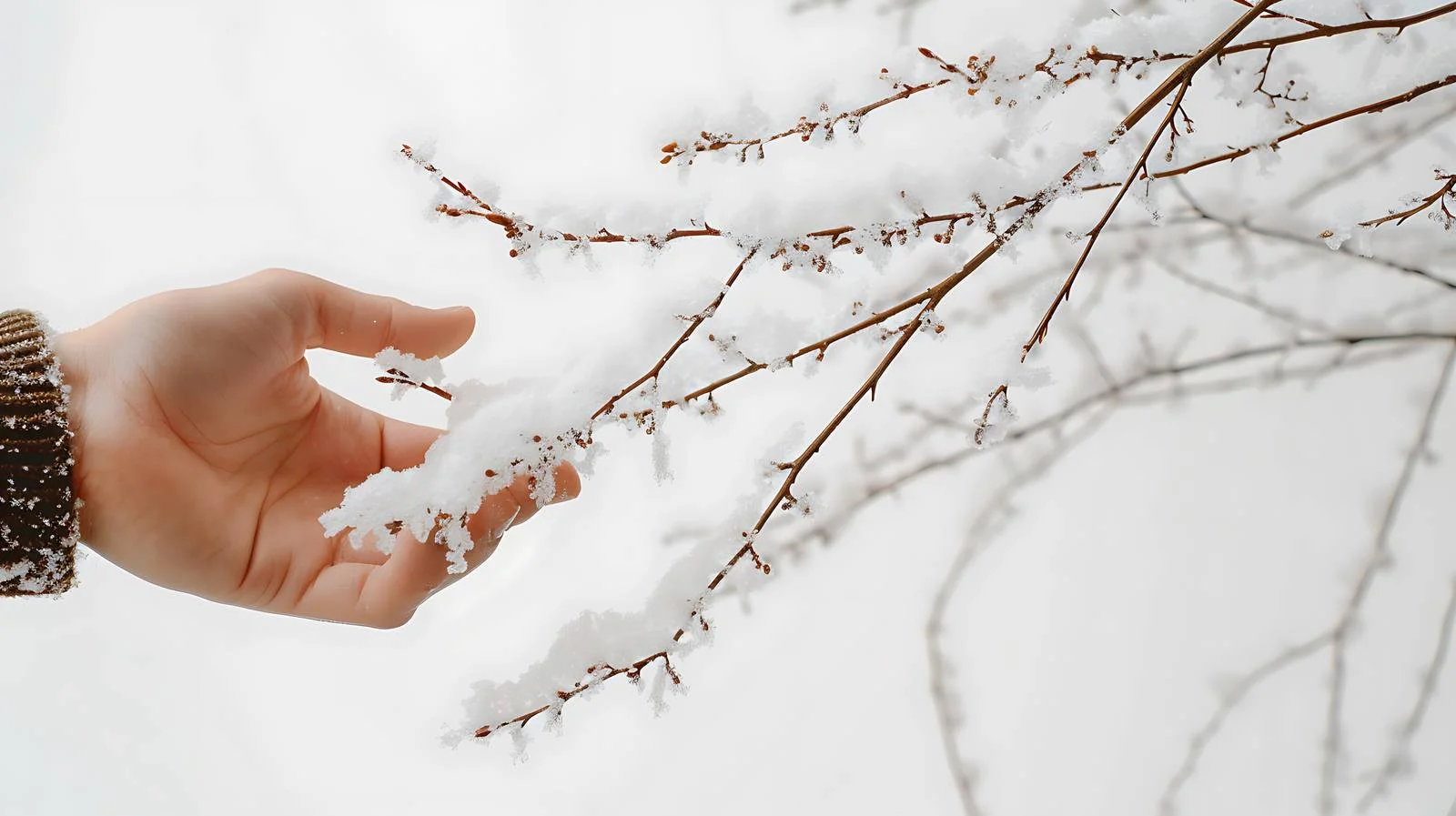 Winter Scene: Hand Touches Melting Snow on Branch — free download from Dotvec