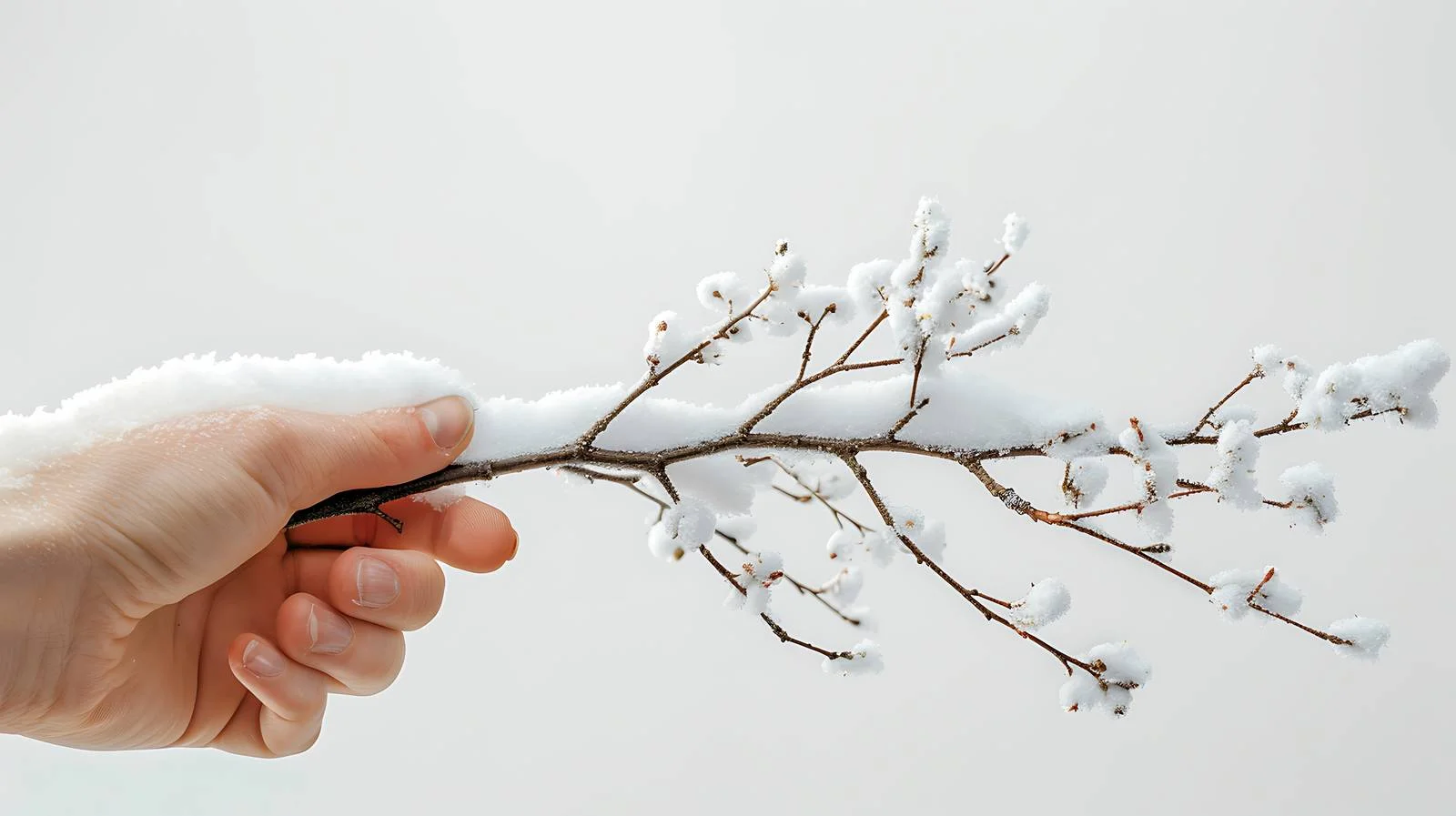 Gentle hand touches snow-laden branch, isolated — free download from Dotvec