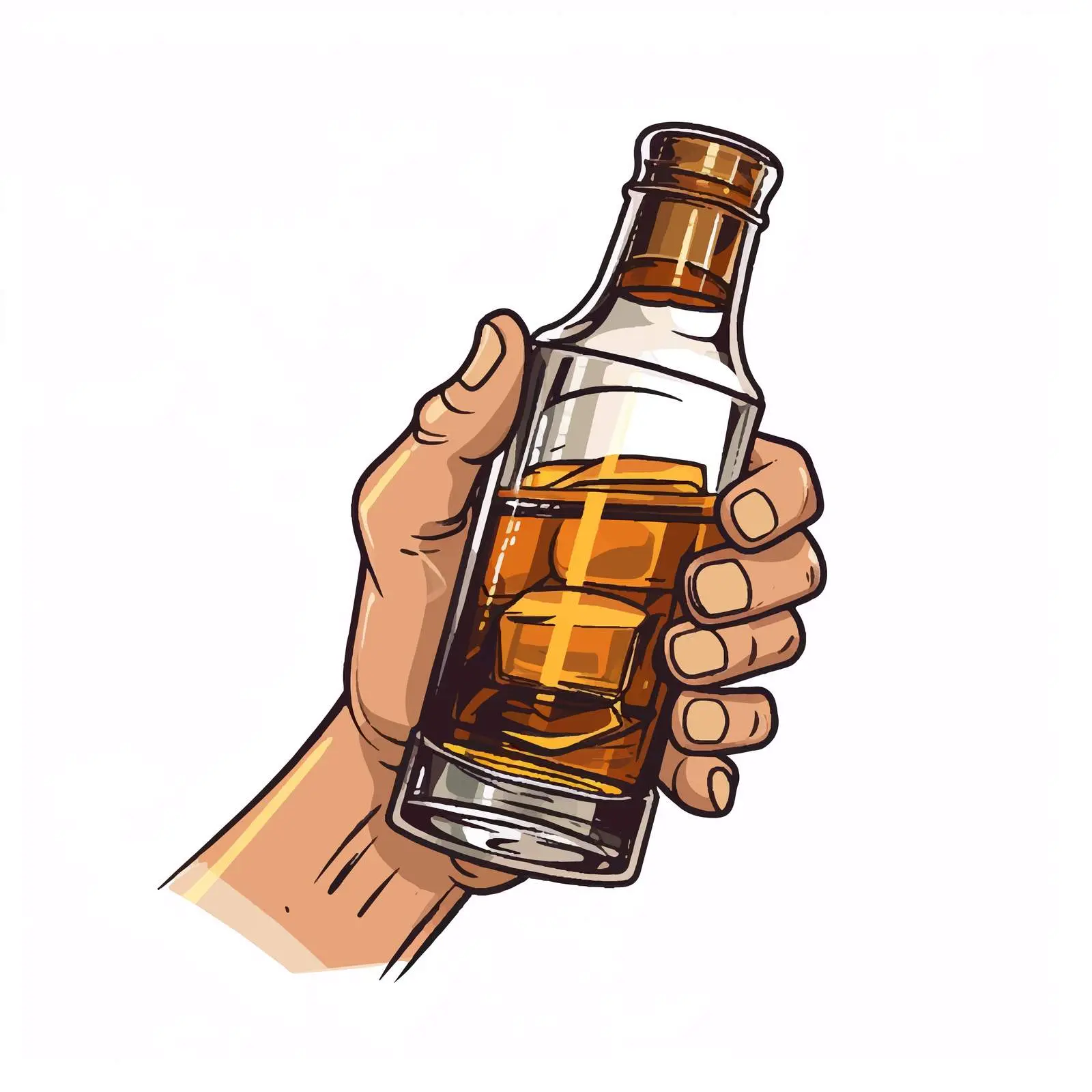 Cartoon Hand Holding Whiskey Bottle and Glass – free tasting image from Dotvec