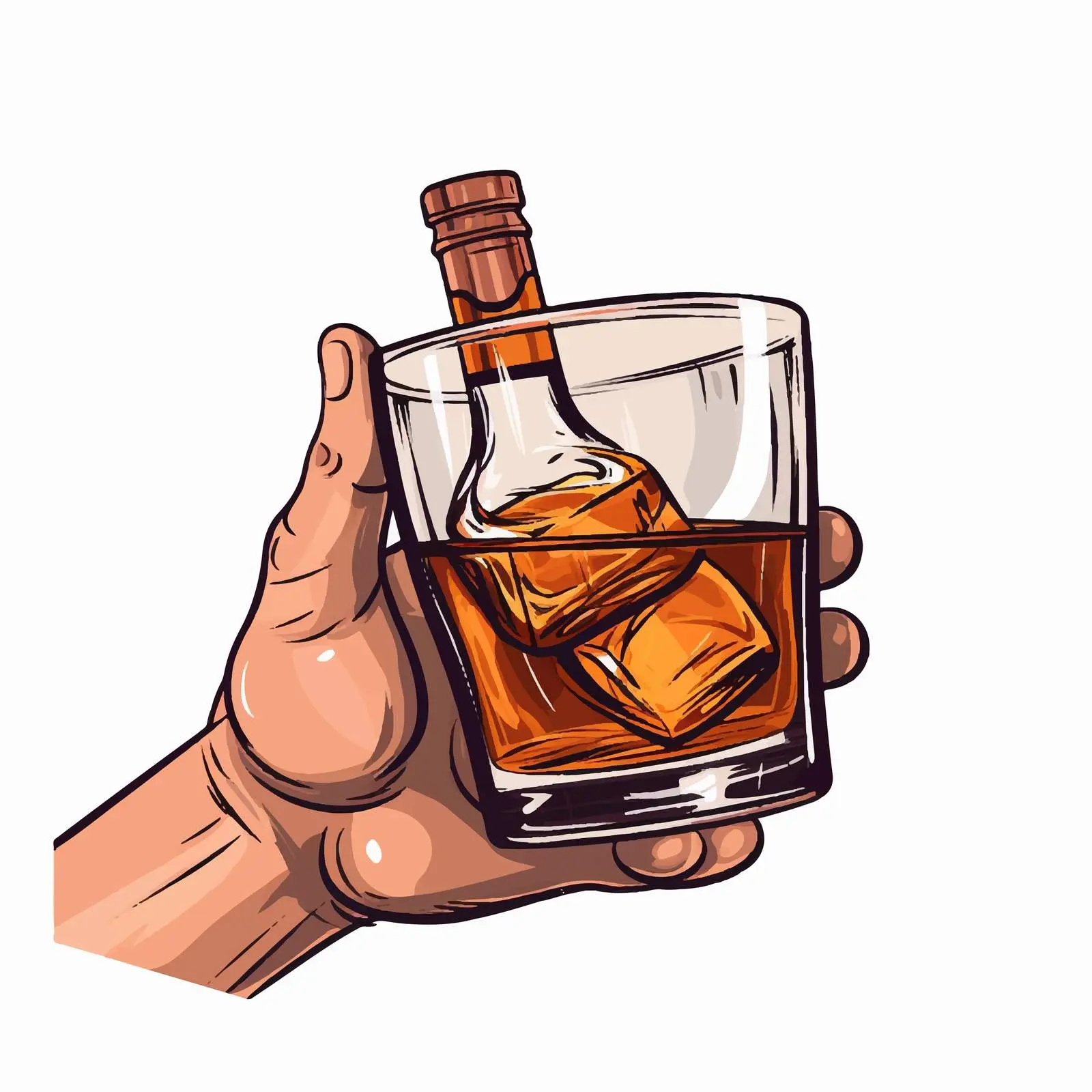 Cartoon Hand Holding Whiskey Bottle and Glass — free download from Dotvec