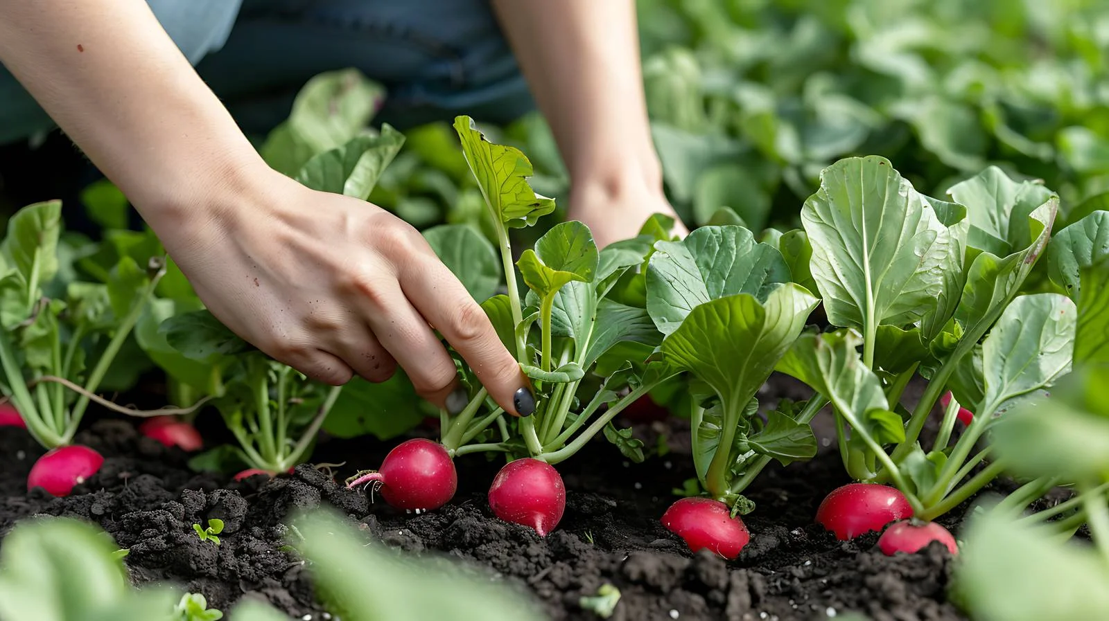 Woman Harvesting Fresh Radishes in Vegetable Garden — free download from Dotvec