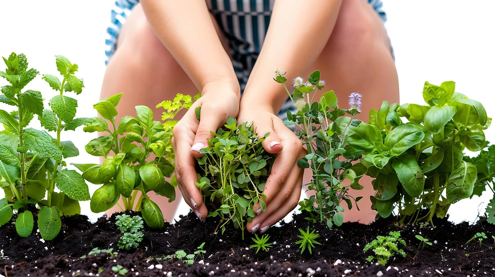 Woman planting diverse culinary herbs indoors — free download from Dotvec
