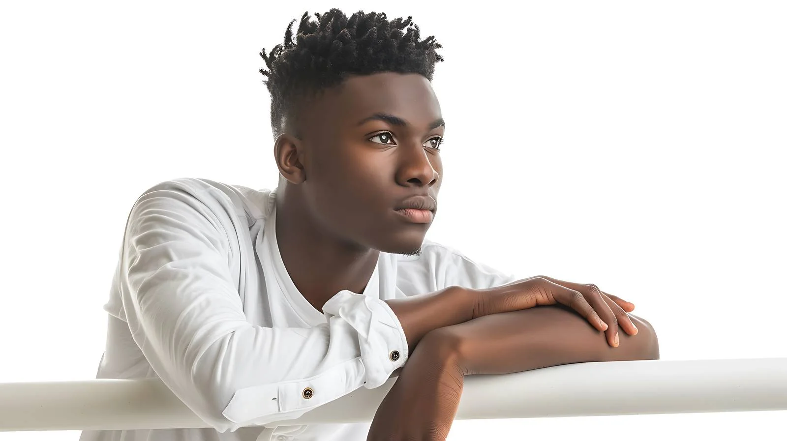 Confident young man leans on balcony railing — free download from Dotvec