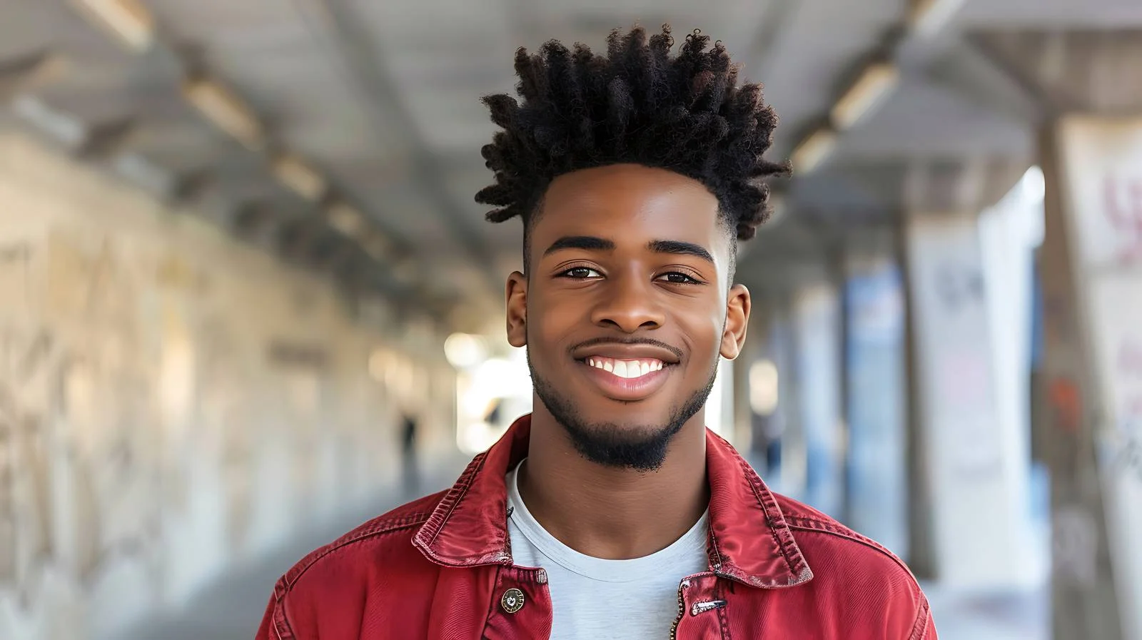 Joyful young Black man at facade — free download from Dotvec
