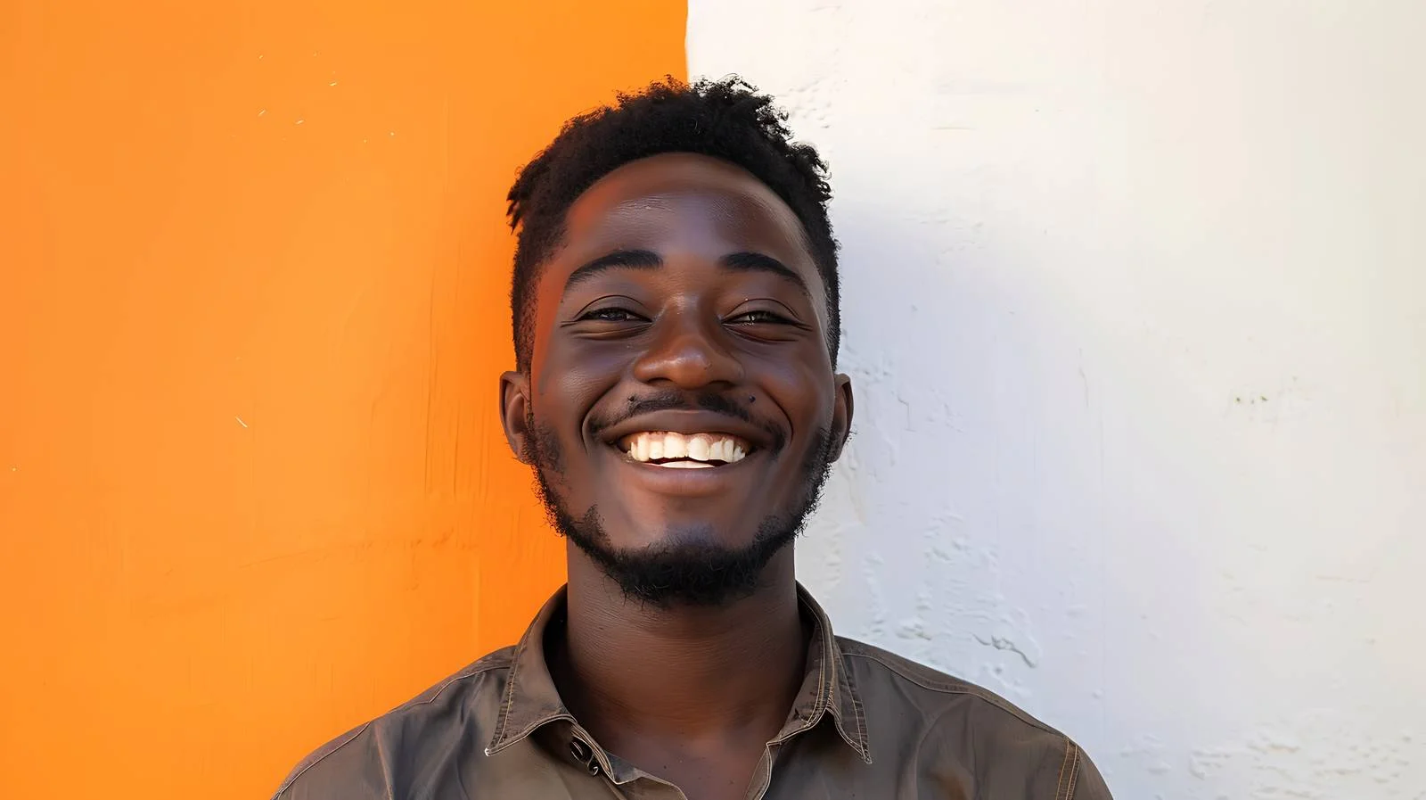 Cheerful young black man posing near orange — free download from Dotvec
