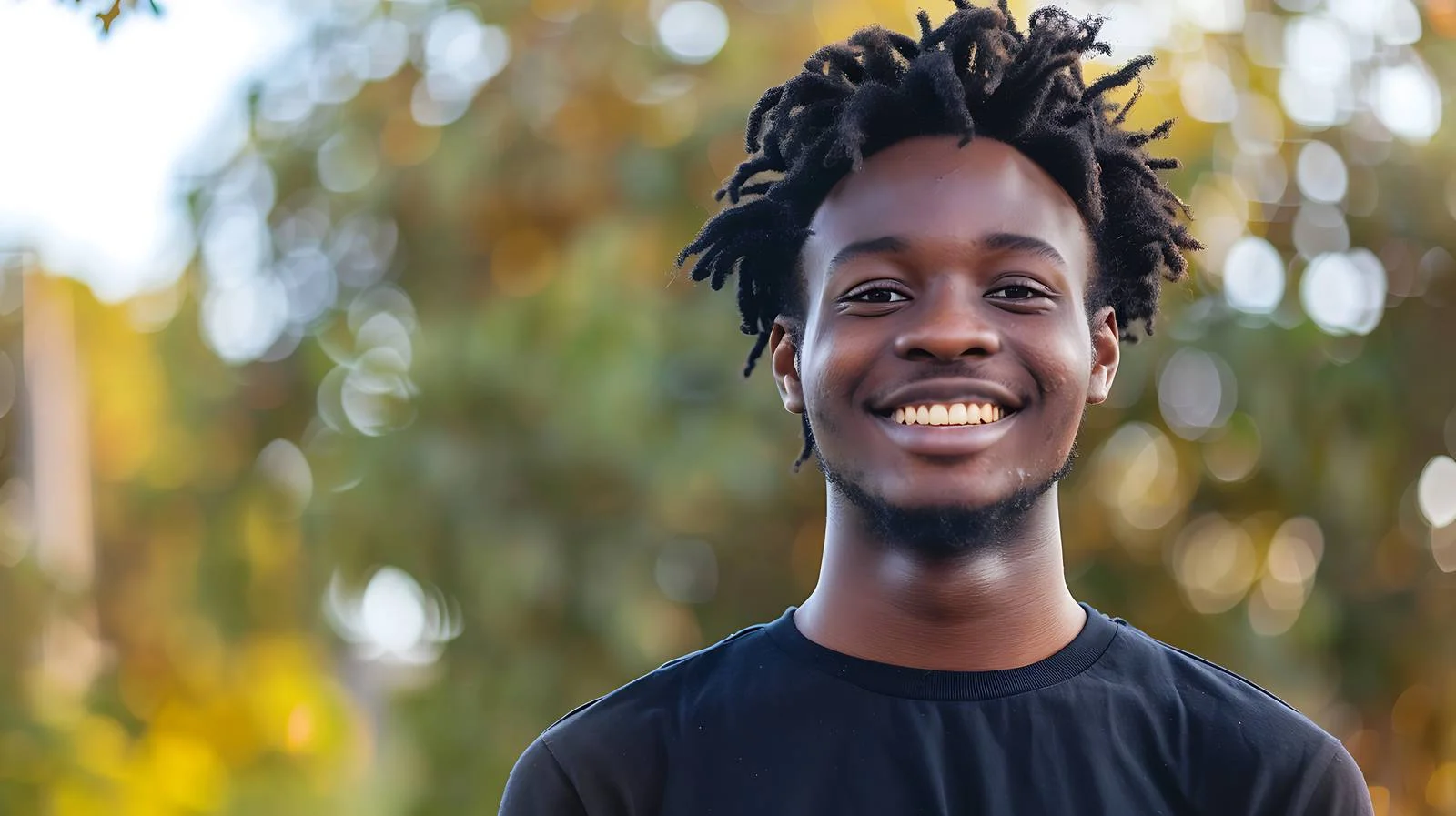 Joyful black man smiling near blurred foliage — free download from Dotvec